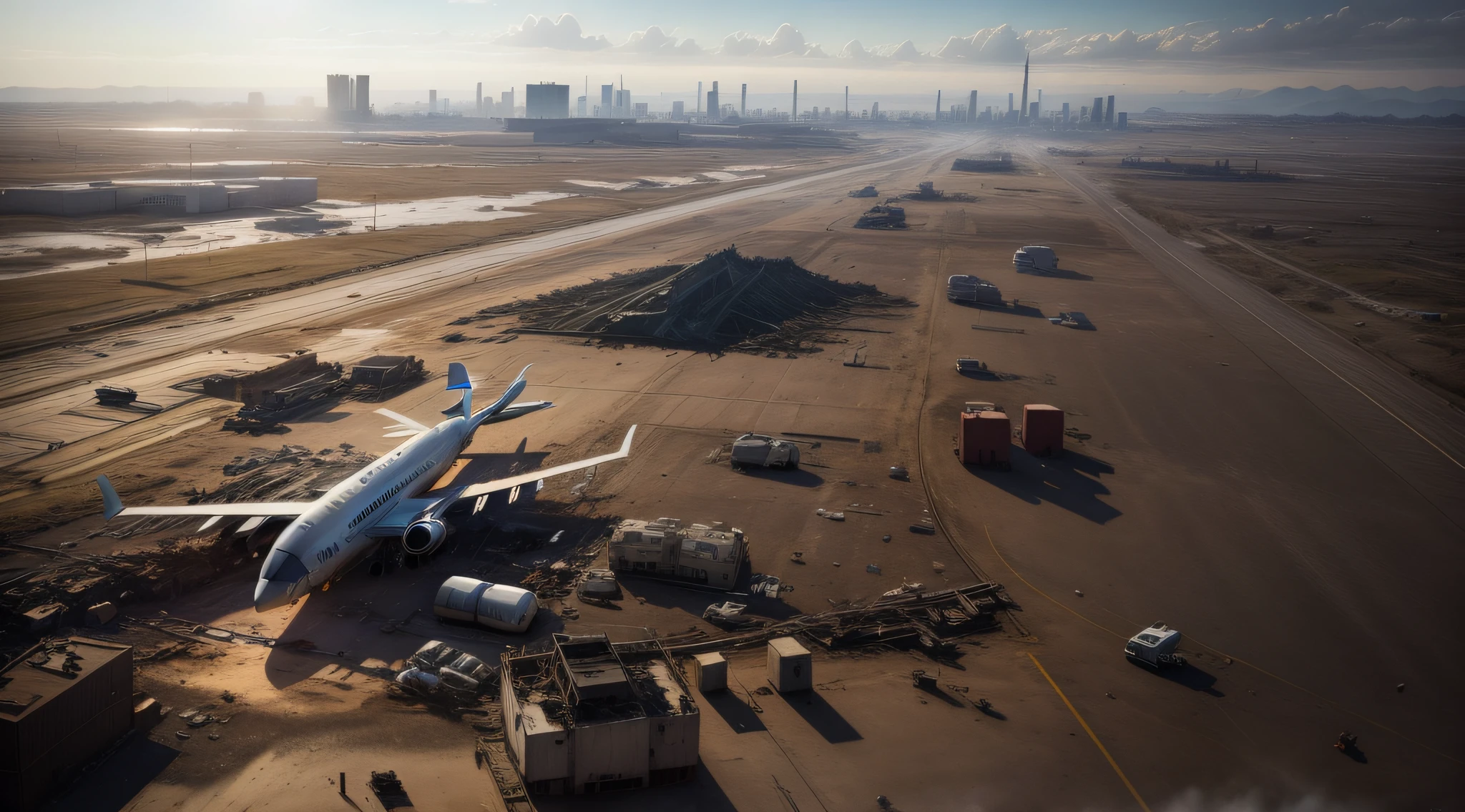 50 meters from an aerial view，Latter-day world ，Fallen signal towers，Sunshine at 6 p.m，Contre-Jour ，Broken terminal，The wreckage of the plane is on the runway of the airport，There is no complete plane，The right side of the picture of the broken tower，On the horizon are tall buildings in the distance，complexdetails，Virtual Engine，Movie lighting，8k，High-definition large image