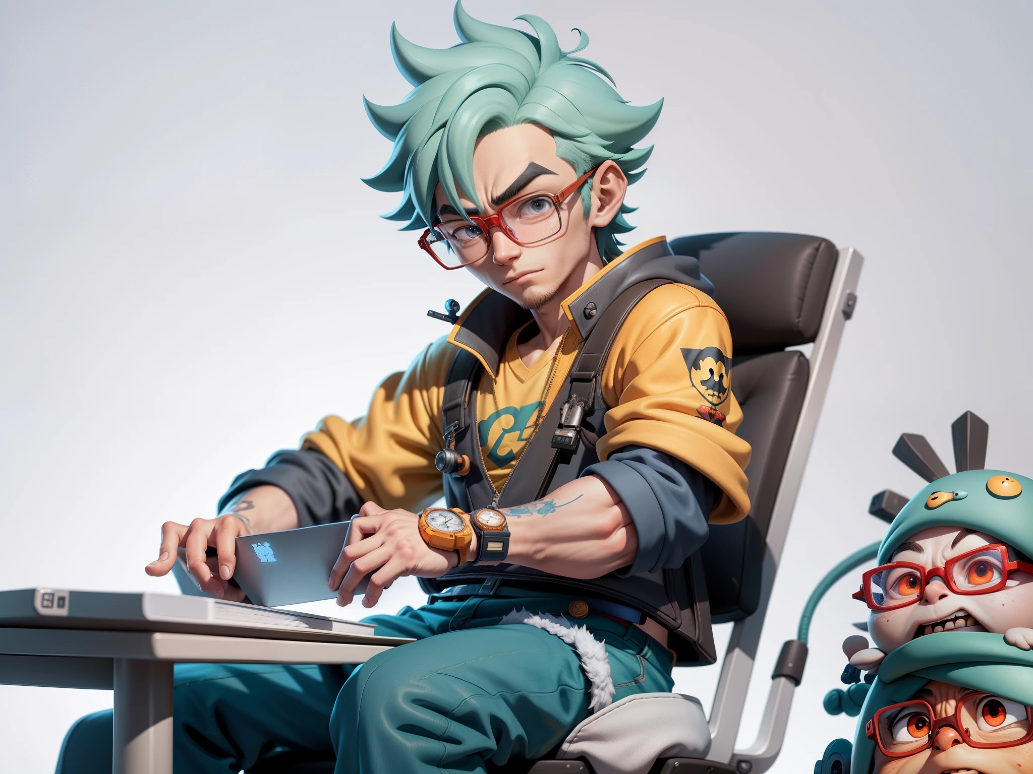A young man with glasses sits at his desk,holding laptop,digitial painting,3D character design by Mark Clairen and Pixar and Hayao Miyazaki and Akira Toriyama,4K HD illustration,Very detailed facial features and cartoon-style visuals。