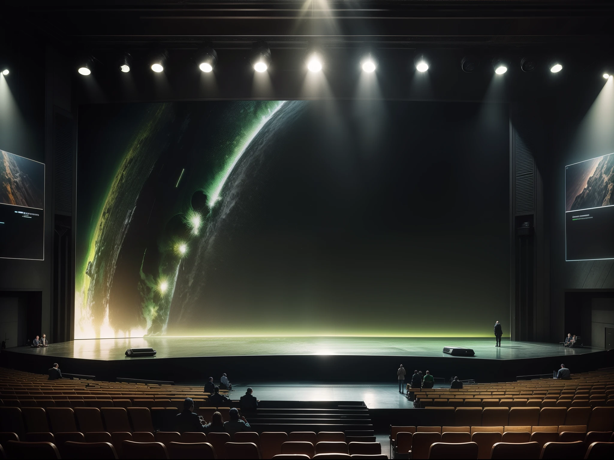 Palco escuro, luzes verdes, several people in the audience, computadores futuristas, Graphics that appear on monitors, Realista, Ultra HD, 4k