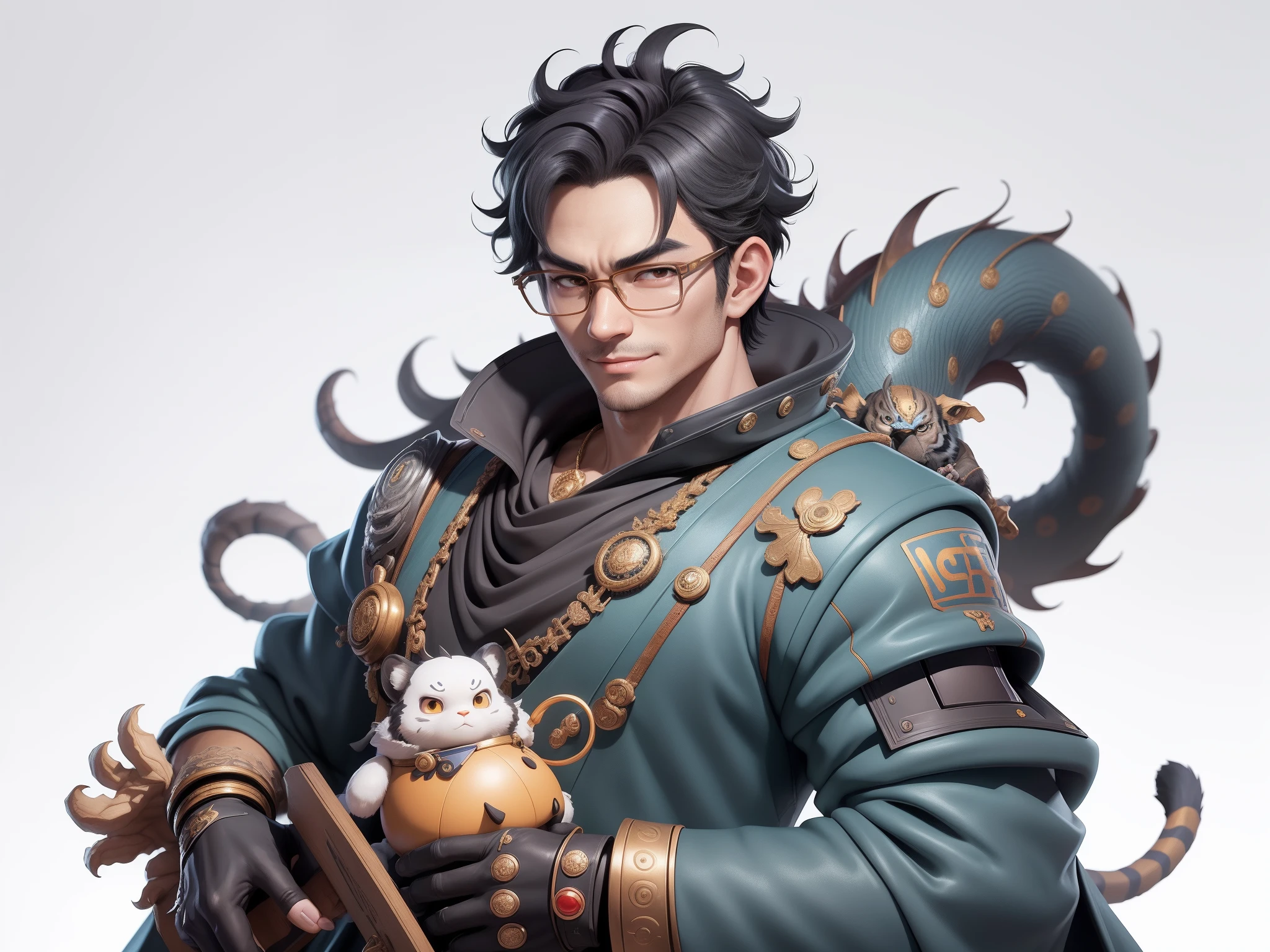 (Masterpiece), (Excellent), (Super Meticulous), (Full Body: 1.2), Super Young Man with Japanese Female Geisha, Pretty, Beautiful, Chinese Dragon, Tiger, Wind God Thor, Sexy, Bursting, Oriental Face, TV Anchor, Bust Portrait Illustration, Black Suit, Blue Tie, Slightly Chubby Face, Silver Glasses, Very Clean Face, No Beard on Chin, Black Super Short Hair, Black Eyes, Confident Smile, 3c Computer Sub-Products, iPad, iPhone, Digital Painting, 3D character design by Mark Clairedon and Pixar and Hayao Miyazaki and Akira Toriyama, the illustrations are HD illustrations in 4K resolution with highly detailed facial features and cartoon-style visuals.