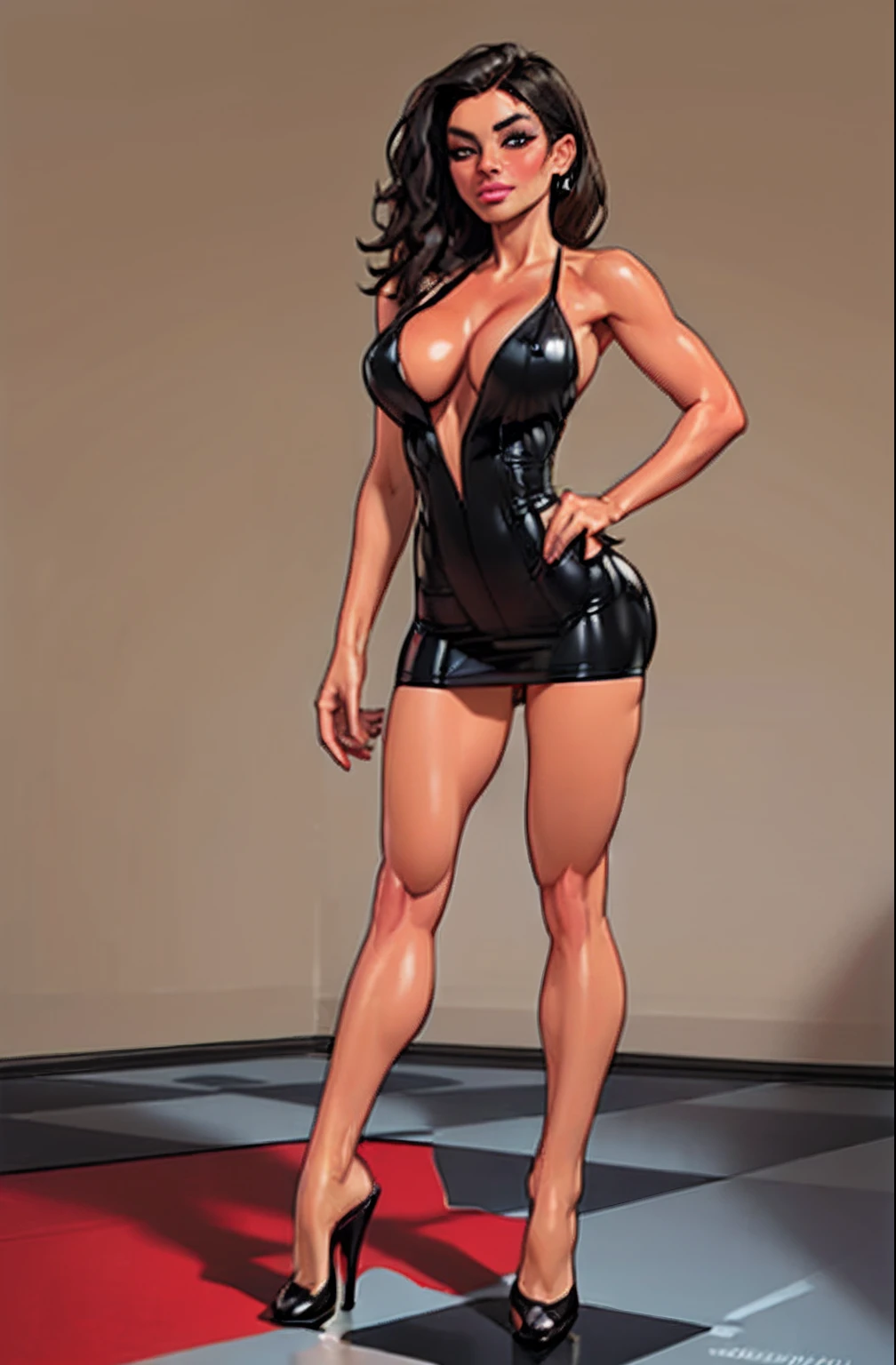(Best quality, 8k, 32k, Masterpiece, UHD:1.2),Photo of Pretty woman, ((1 girl)), ((solo)) embodiment on chess queen, chess theme, white and black attire,(medium-short dark brown hair), double eyelid, large breasts, breast cleavage, dressed in queen chess piece attire, high heels, standing on chessboard, look at viewer, faint smile, from below