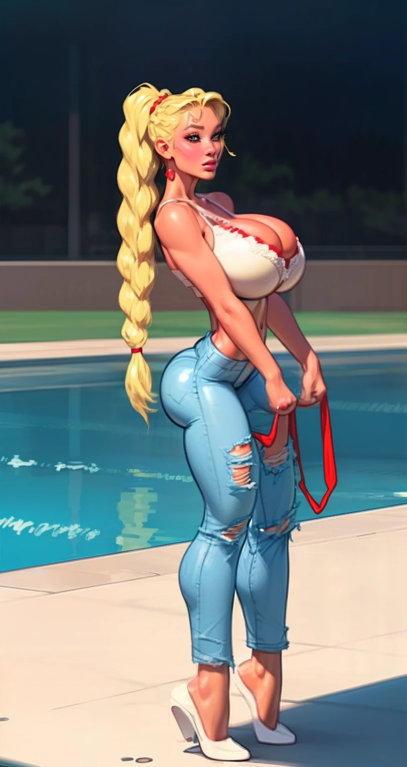 ((full body view)) sexy ((twin braids:1.3)) wearing (tight distressed jeans:1.4)(perfect face), detailed face, (symmetrical eyes), perfect nose, (wears red bra:1.2), (gigantic breasts:1.5) (blonde hair combed to side:1.6)analog style posing against a pool filled with guests, cinematic movie still frame,