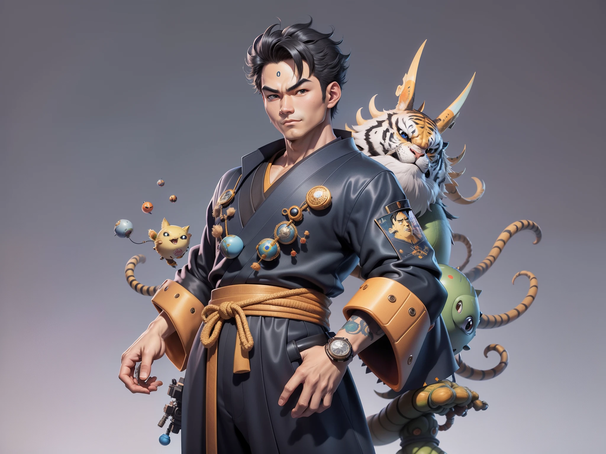 (Masterpiece), (Excellent), (Super Meticulous), (Full Body: 1.2), Super Young Man, Oriental Face, Japanese Kimono, Japanese Wind Thunder God, Dragon, Tiger, TV Anchor, Bust Portrait Illustration, Alone, Black Suit, Blue Tie, Slightly Chubby Face, Very Clean Face, No Beard, Black Super Short Hair, Black Eyes, Confident Smile, 3c Computer Sub-Products, iPad, iPhone, Digital Painting, 3D Character Design by Akira Toriyama and Mark Claireden and Pixar and Hayao Miyazaki, The illustration is a high-definition illustration in 4K resolution with very detailed facial features and cartoon-style visuals.