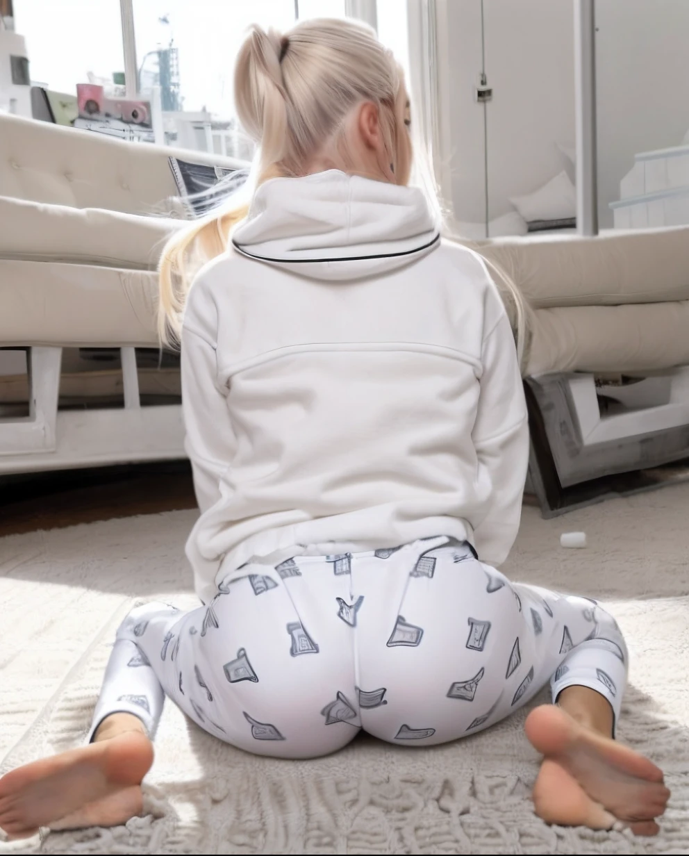 Woman sitting in the back position showing her big ass, white pajama pants, cabelo rosa, usando moletom branco