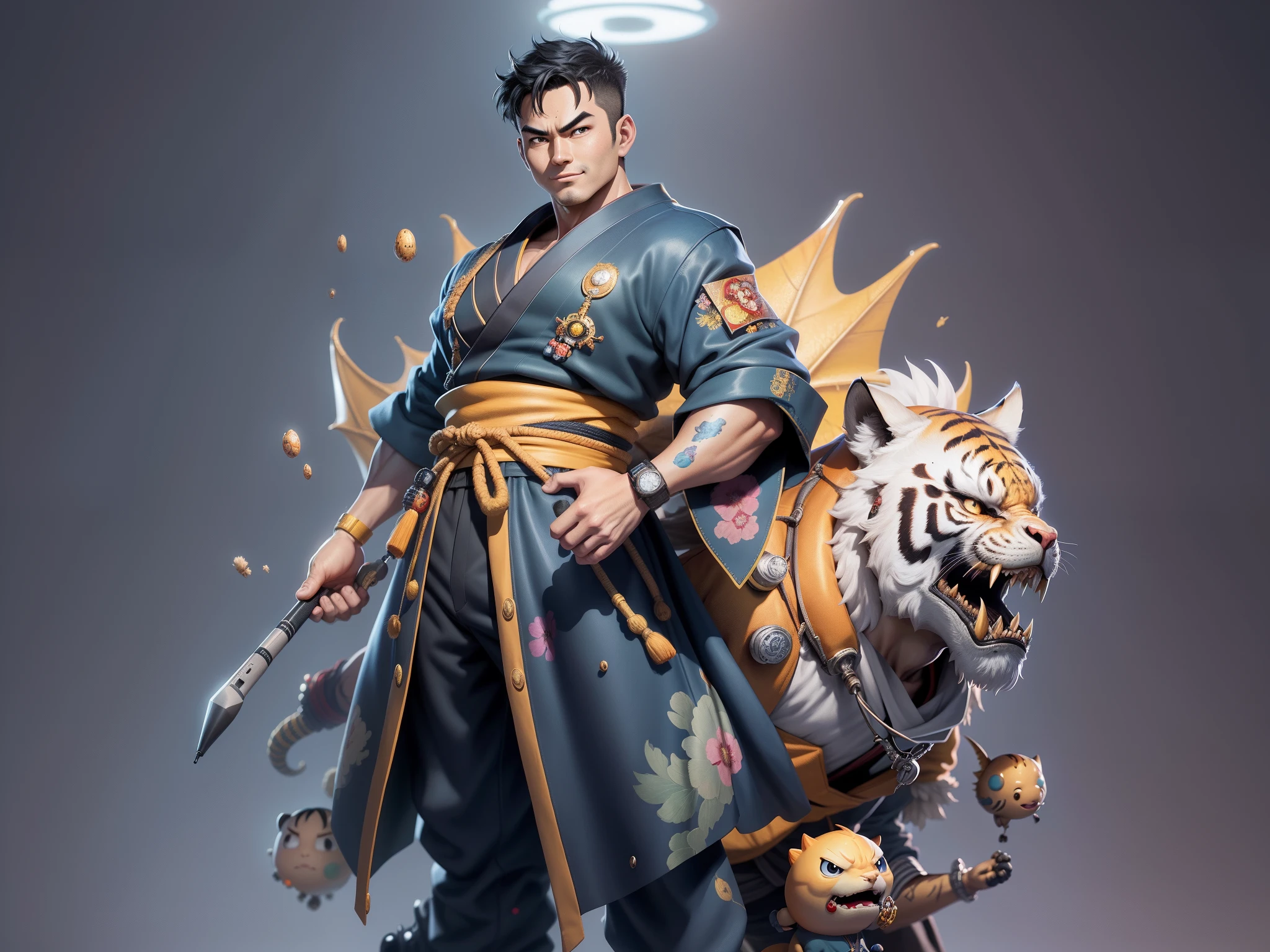 (Masterpiece), (Excellent), (Super Meticulous), (Full Body: 1.2), Super Young Man, Oriental Face, Japanese Kimono, Japanese Wind Thunder God, Dragon, Tiger, TV Anchor, Bust Portrait Illustration, Alone, Black Suit, Blue Tie, Slightly Chubby Face, Very Clean Face, No Beard, Black Super Short Hair, Black Eyes, Confident Smile, 3c Computer Sub-Products, iPad, iPhone, Digital Painting, 3D Character Design by Akira Toriyama and Mark Claireden and Pixar and Hayao Miyazaki, The illustration is a high-definition illustration in 4K resolution with very detailed facial features and cartoon-style visuals.