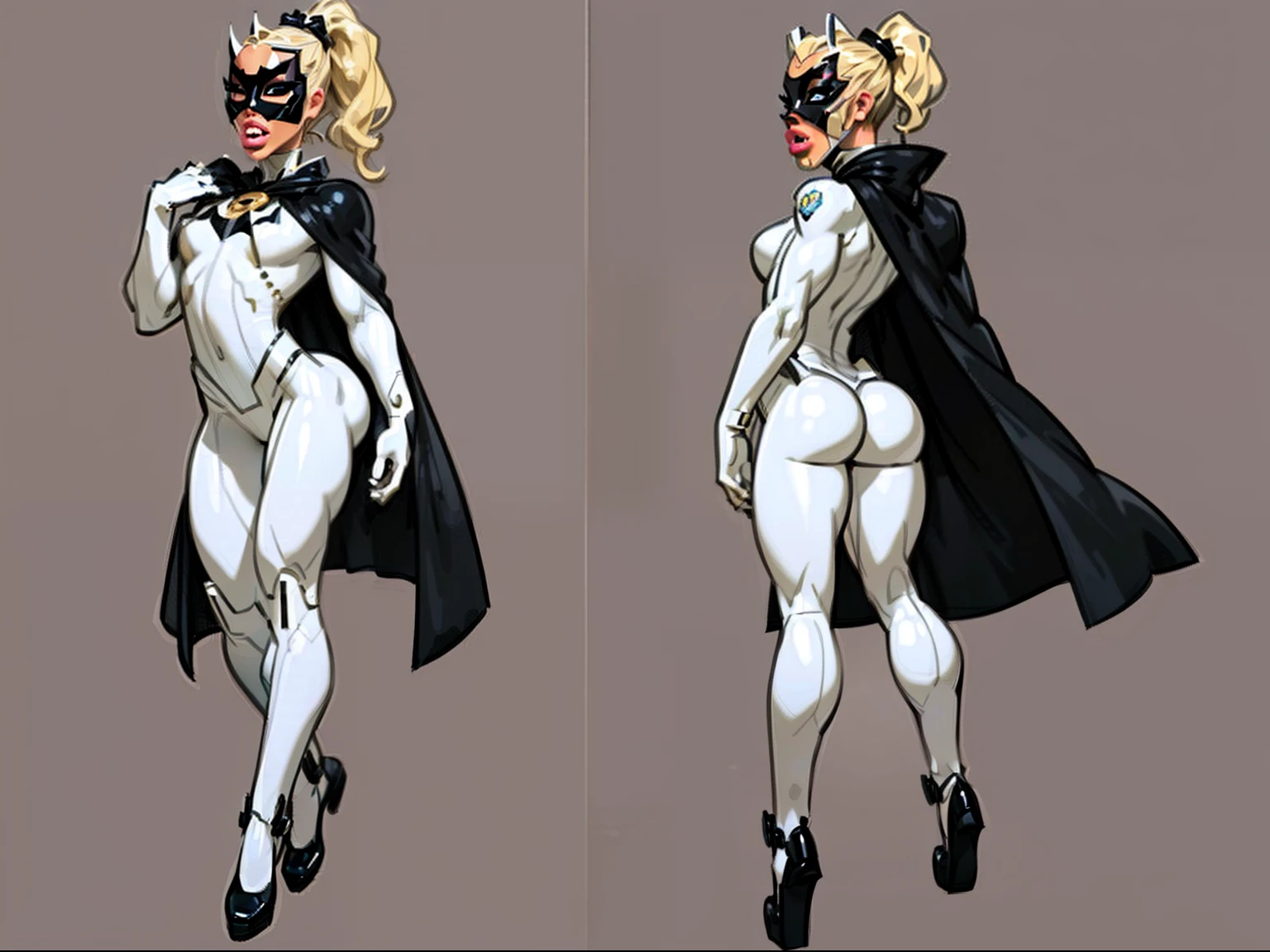 ((masterpiece)),(((best quality))),((character design sheet)), ((full body view)) illustration,1girl, muscular, ((white bodysuit:1.5)), (masked face:1.4) (masked eyes:1.5)(masked mouth:1.5) (bdsm latex hood:1.4)superhero, (black ponytail:1.4), (black cape:1.4) ((detailed face:1.4)) beautiful woman, (small breasts:1.3)(black legs:1.3)shiny skin, (gold emblem on chest:1.2),scribbles and marks, (puffy lips:1.5), (full lips:1.3) big lips, detailed lips, rough sketches, pose, 8k,16k, (simple background, white background: 1.3)