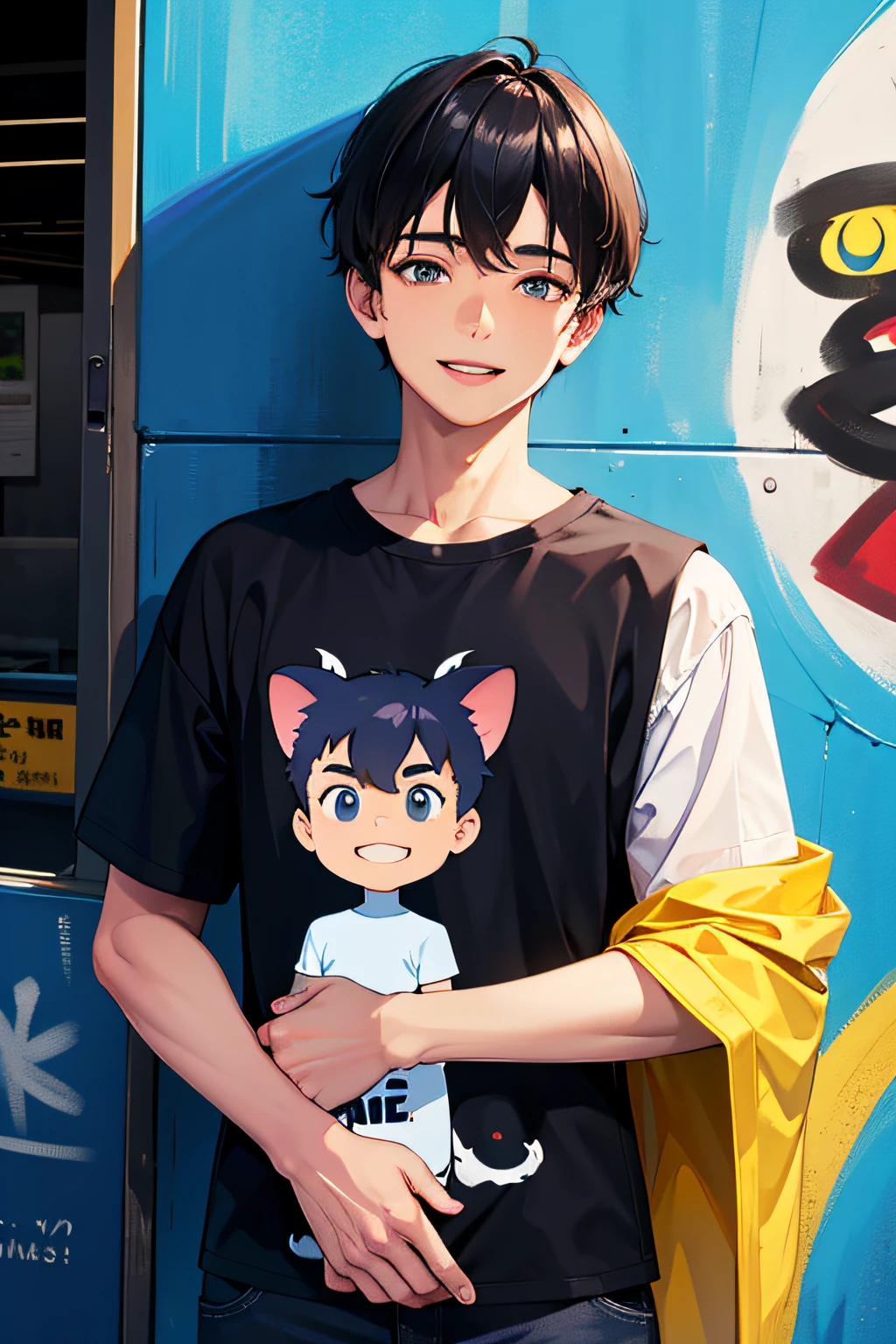 A very handsome teenager passed by me and inadvertently saw me, bust photo, smiling and looking at me. High nose, yellow race, relatively white skin, black hair, medium hair. The background is a wall with various graffiti on it. He wears simple short sleeves and holds a cute dog. Highest quality.
