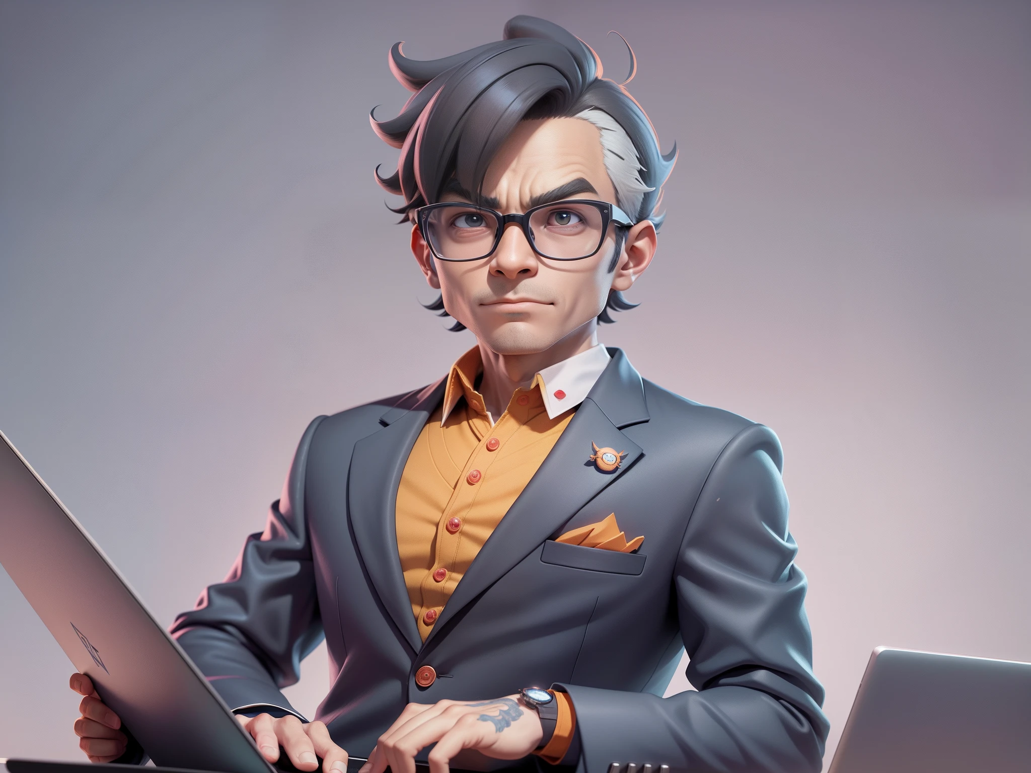 A young man in a suit, Short hair and glasses sat at his desk,holding laptop,digitial painting,tigre,3D character design by Mark Clairen and Pixar and Hayao Miyazaki and Akira Toriyama,4K HD illustration,Very detailed facial features and cartoon-style visuals。