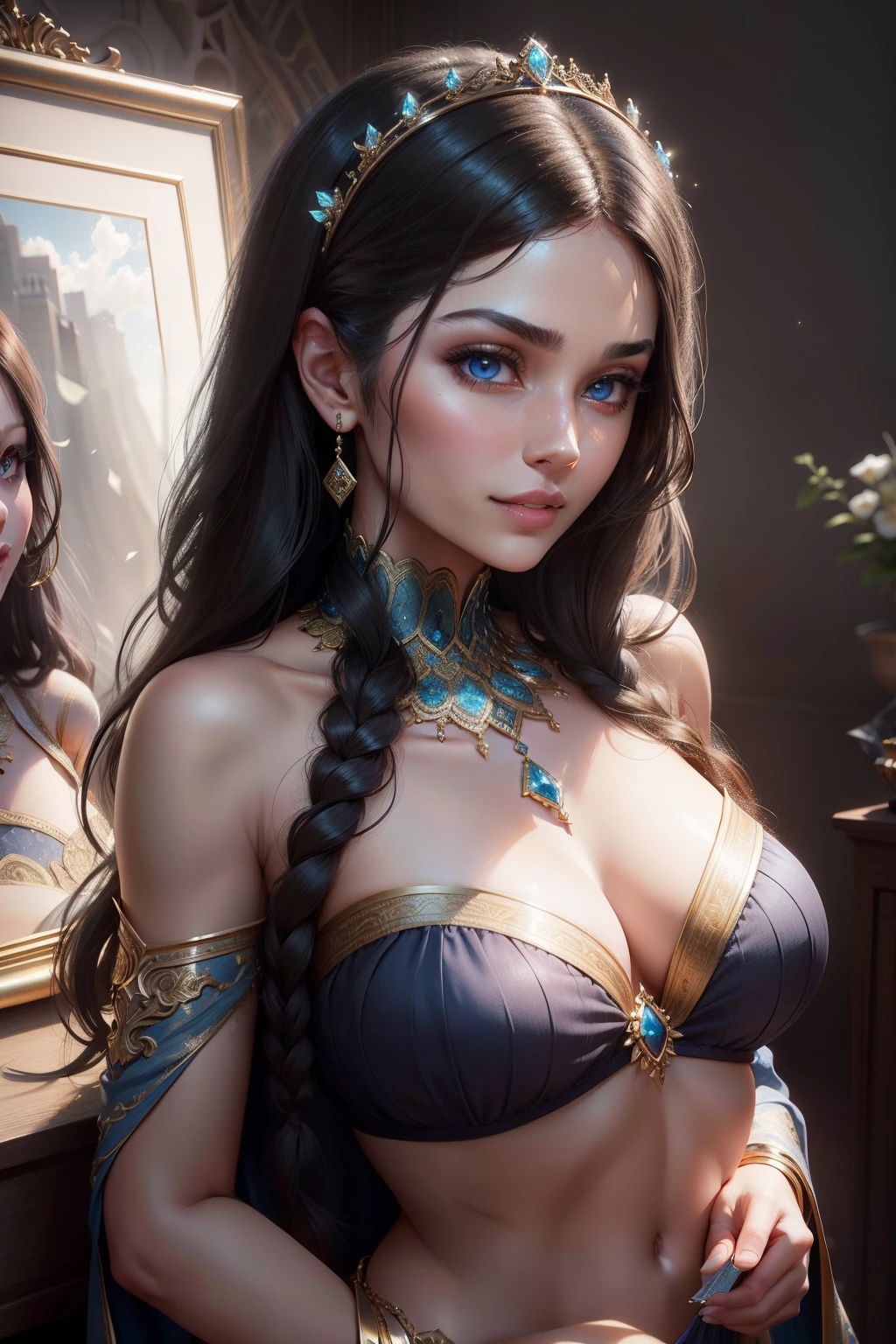 Side view,Persian woman, Smile: smooth soft skin, Symmetrical, Natural skin texture, Soft lighting,  Detailed face, Has perfect blue eyes:1 Photorealism,  soft pastel colors sparkling, looking at the camera in,   photorealistic paintings,   Sharp focus,   8K,   Perfectcomposition,   trending on artstationh,   an award winning photograph,   Unreal Engine 5,   cinematic smooth,   intricately details,  studio photo,  Highly detailed. Simple background.
