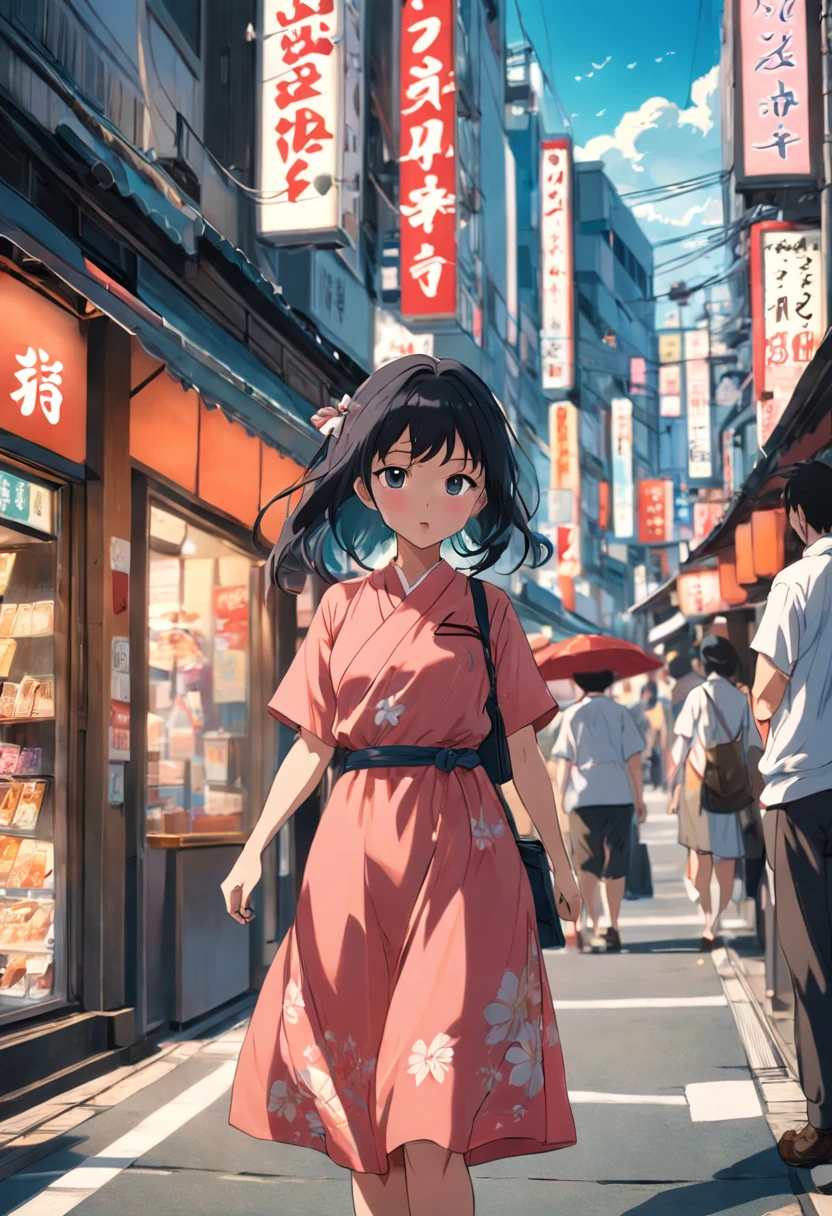 an asain women on a busy steet in Tokyo posing for the camera summer dress mid day