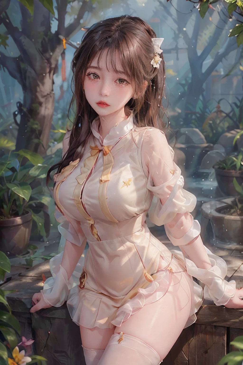 Masterpieces: 1 girl.2 girls, best quality), realism, (real pictures, rich detail details, depth of field), (1 girl called girl, solo), makeup, high detail, perfect face shape, (: 1 girl.4 pcs.), (skin dents), thin thighs, wide hips, thin waist, high, coral, red lips, red eyes, ponytail (girls, shallow tulle, tulle transparent), (sweat: 1 girl.2 girls), (wet), sexy, blush, (shy expression), yellow petal clothes, shirt, white stockings,