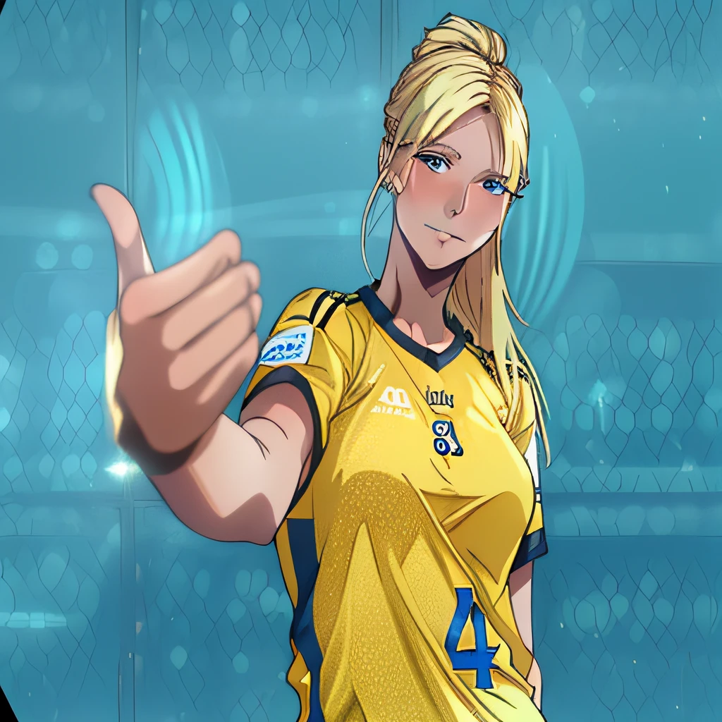 a woman in a yellow shirt is pointing at the camera, blonde swedish woman, kirsi salonen, minna sundberg, inspired by Louisa Matthíasdóttir, wearing a volleyball jersey, daniela uhlig, innblásin af Júlíönu Sveinsdóttur, sweden, magdalena andersson, portrait of sanna marin