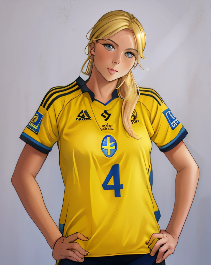 arafed woman in a yellow jersey posing for a picture, blonde swedish woman, kirsi salonen, magdalena andersson, sweden, minna sundberg, wearing a volleyball jersey, innblásin af Júlíönu Sveinsdóttur, a full portrait of nordic female, inspired by Louisa Matthíasdóttir, daniela uhlig