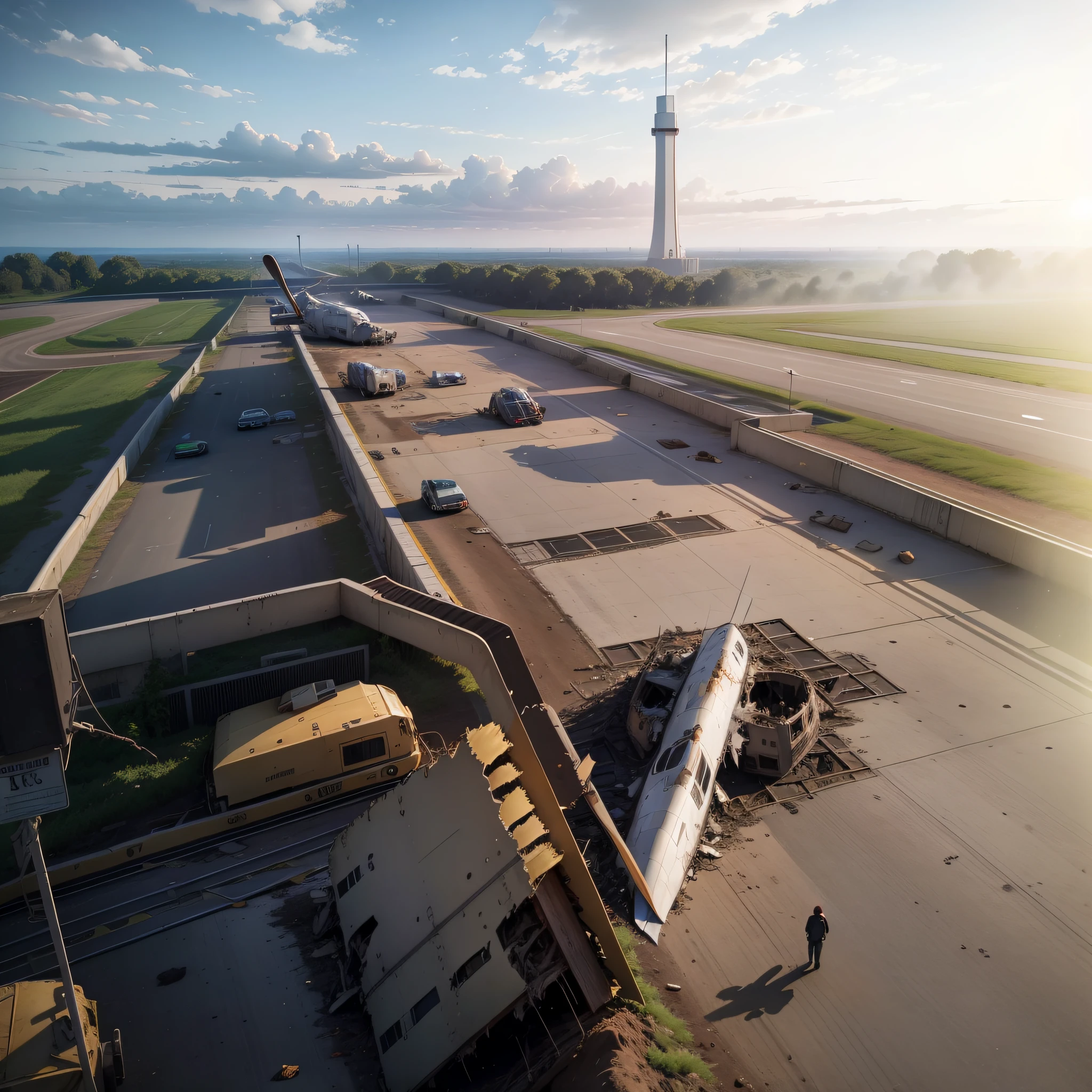 50 meters from an aerial view，Latter-day world ，Fallen signal towers，Sunshine at 6 p.m，Contre-Jour ，Broken terminal J，The wreckage of the plane is on the runway of the airport，Broken aircraft wreckage，There is no complete plane，The right side of the picture of the broken tower，Vineman all over the ground，，jIntricate details，Virtual Engine，Movie lighting，8k，High-definition large image