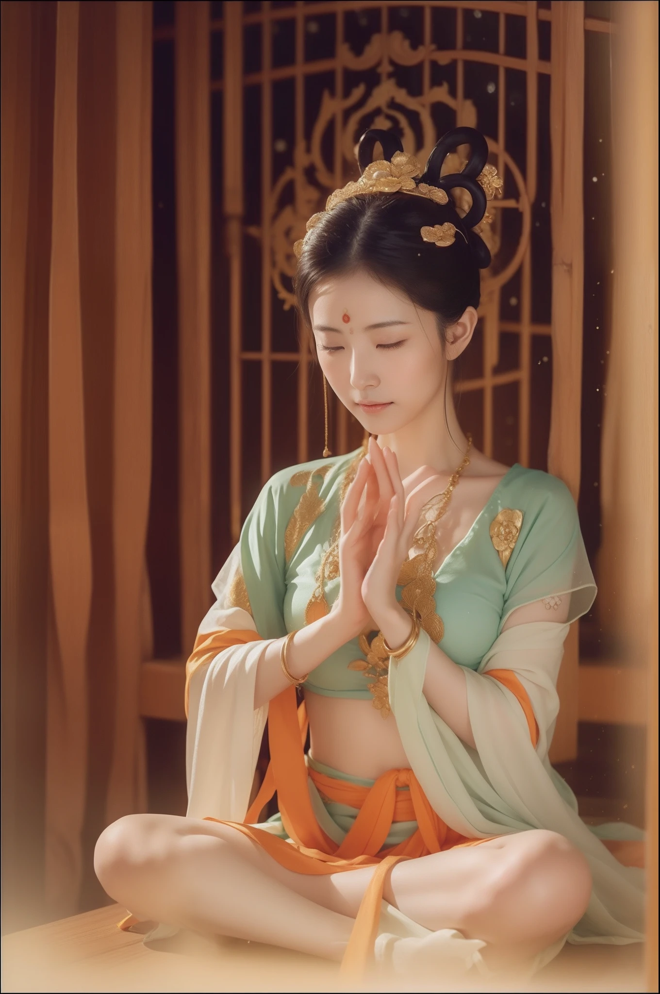 The sexy Zen Guanyin, who was soaked with sweat all over, sat in a  chamber and meditated，（Yoga lotus sitting），（complete，Delicate and good-looking face)