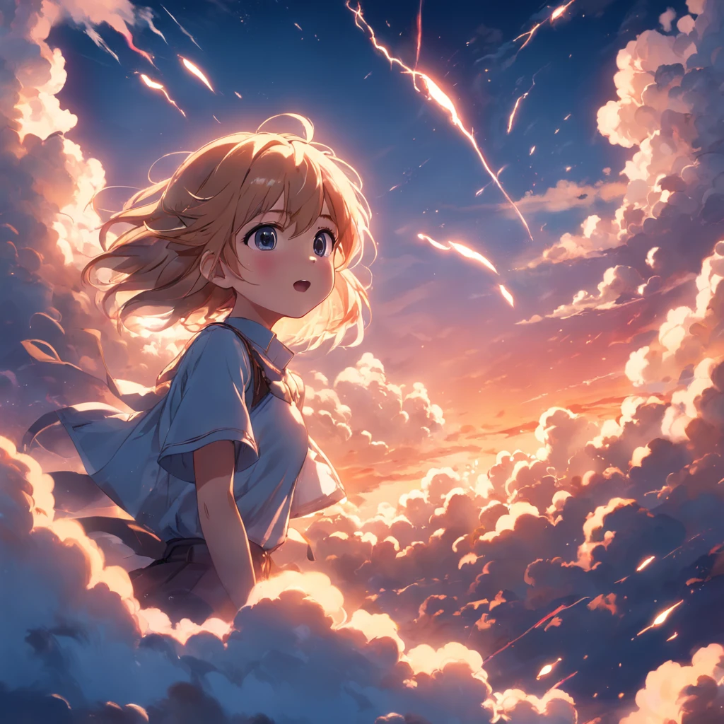 masterpiece, best quality, movie still, 1girl, cloud girl, floating in the sky, close-up, bright, happy, warm soft lighting, sunset, (sparks:0.7)