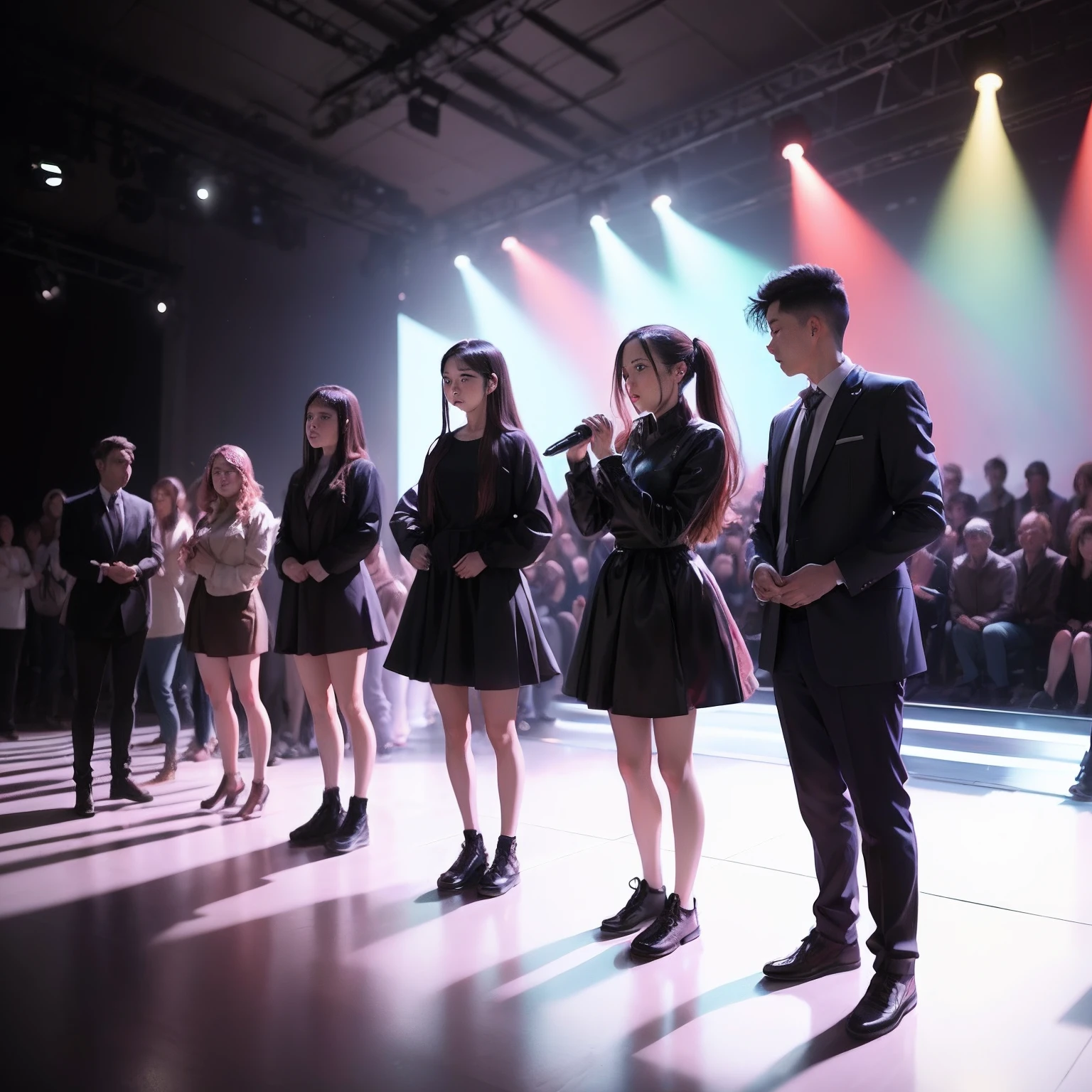 A group of people stood on the stage，Bow and apologize to the people in the audience
