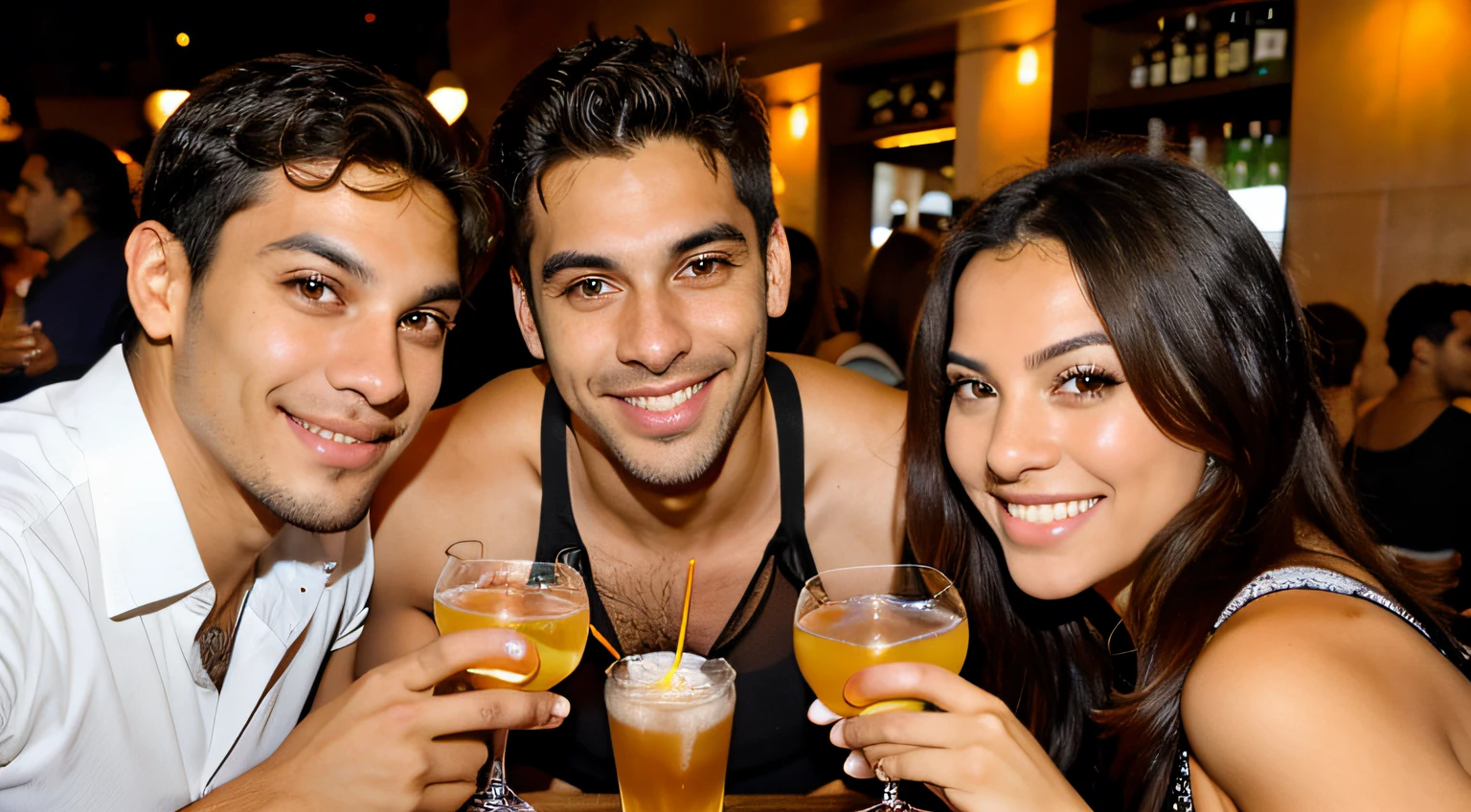 Brazilian men and women at happy hour toasting looking at the camera --C15