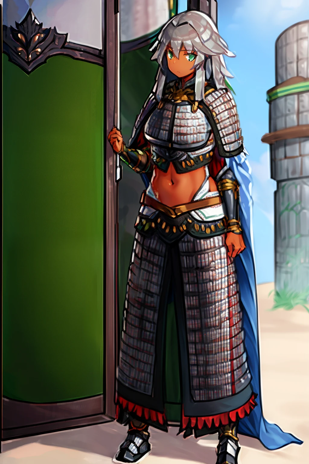 (((tan skin))), knight armor, silver armor, (((silver hair))), green eyes, medium breasts, crop top, messy hair, long hair, full body, cape, skirt