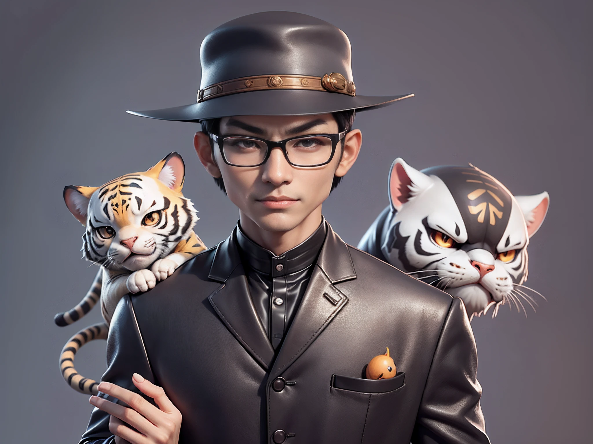 Young man with oriental face in leather hat, tiger, oriental face in formal suit, short black hair, silver glasses, digital painting, 3D character design by Mark Clairedon and Pixar and Hayao Miyazaki and Akira Toriyama, the illustration is a high-definition illustration in 4K resolution with very detailed facial features and cartoon-style visuals.