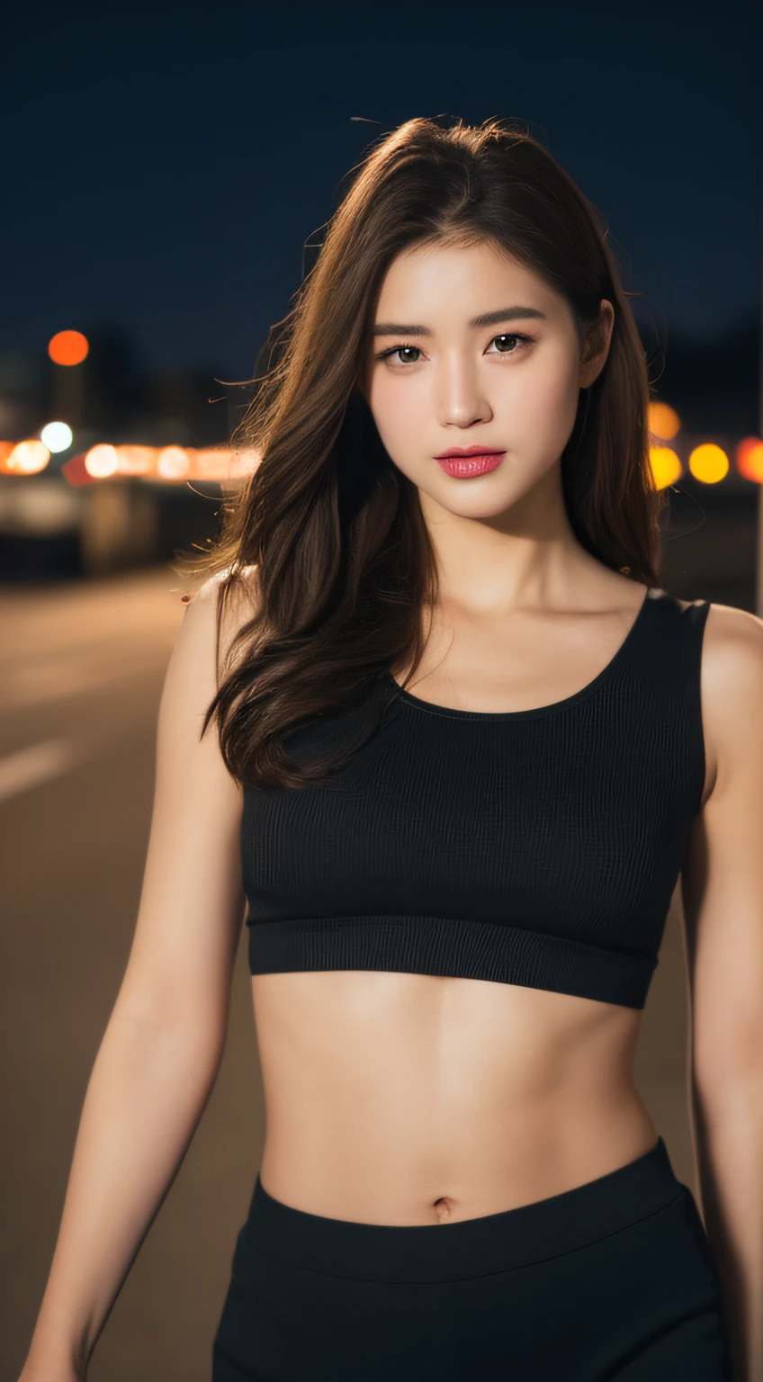 ((Realistic lighting, Best quality, 8K, Masterpiece: 1.3)), Clear focus: 1.2, 1girl, Perfect Figure: 1.4, Slim Abs: 1.1, ((Dark brown hair)), (White crop top: 1.4), (Outdoor, Night: 1.1), City streets, Super fine face, Fine eyes, Double eyelids,