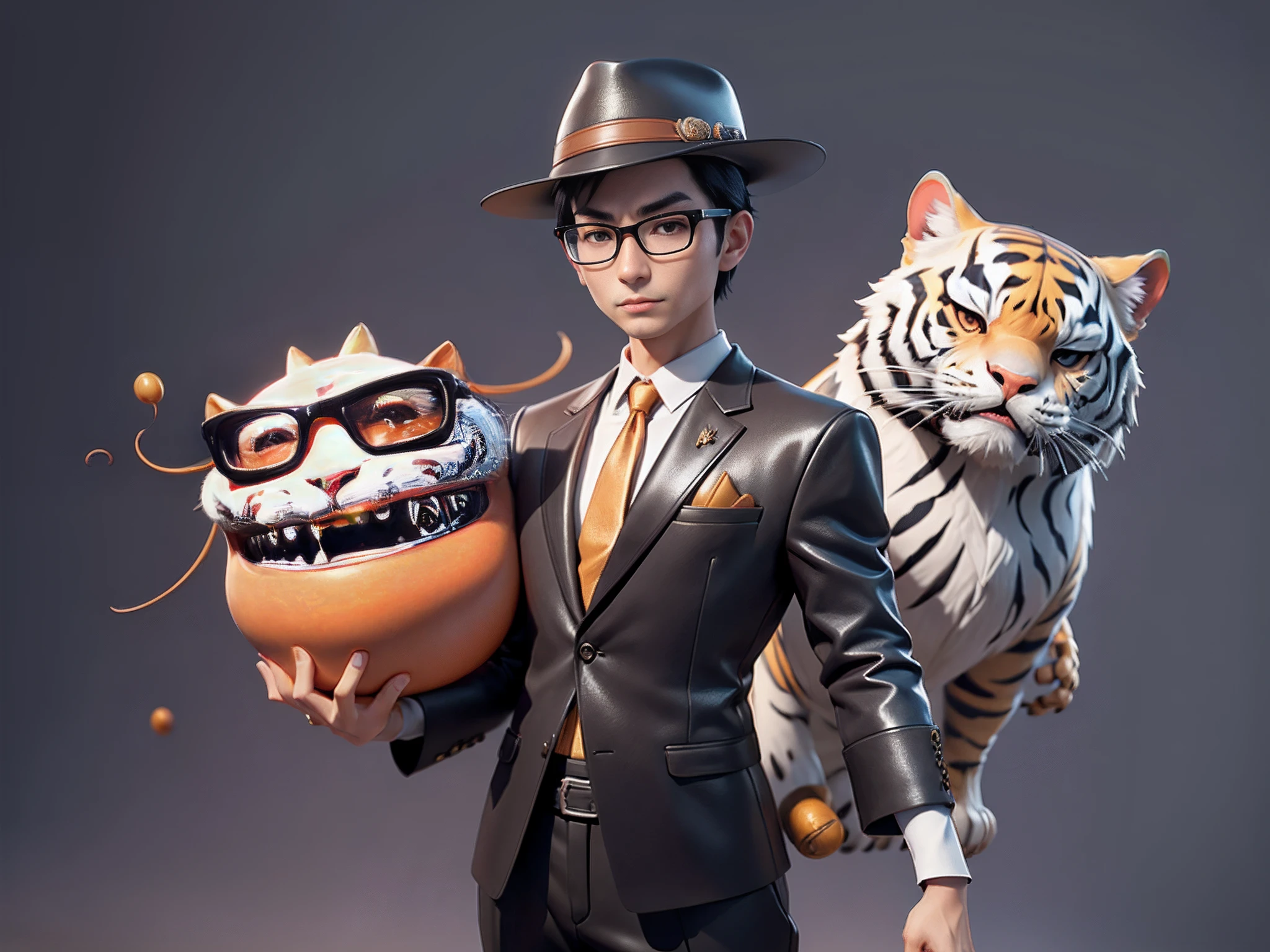 Young man with leather hat, tiger, dragon, oriental face in formal suit, short black hair, silver glasses, digital painting, 3D character design by Mark Clairedon and Pixar and Hayao Miyazaki and Akira Toriyama, the illustration is a high-definition illustration in 4K resolution with very detailed facial features and cartoon-style visuals.