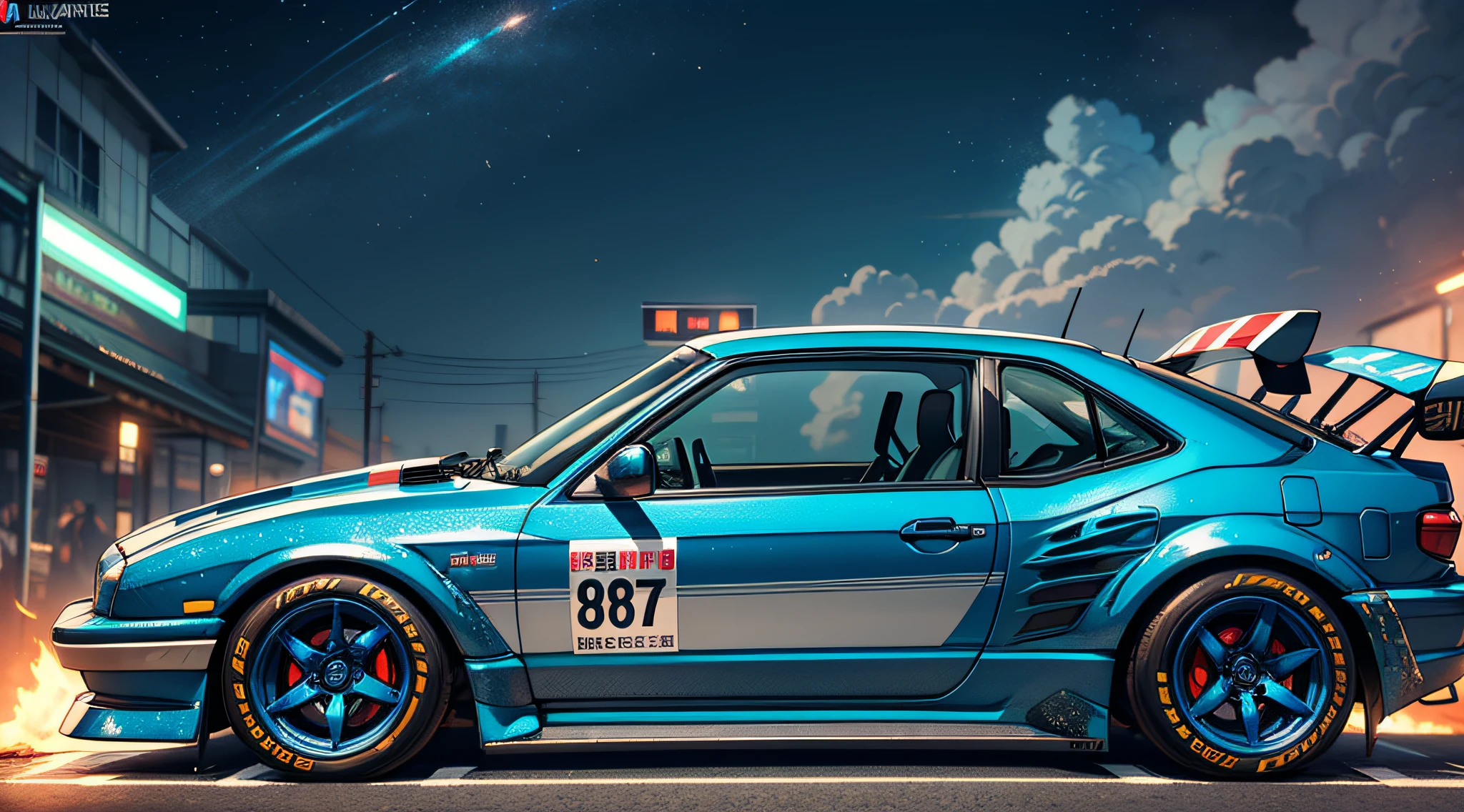 High performance racing drip，blue colors，火焰，neonlight，dust，Complete auto show，From the side Side，A detailed，realisticlying，Highly detailed digital art in 4K，rendering by octane，Bio-luminescence，BREAK 8K resolution concept art，hentail realism，AE86,Handsome，Exhaust