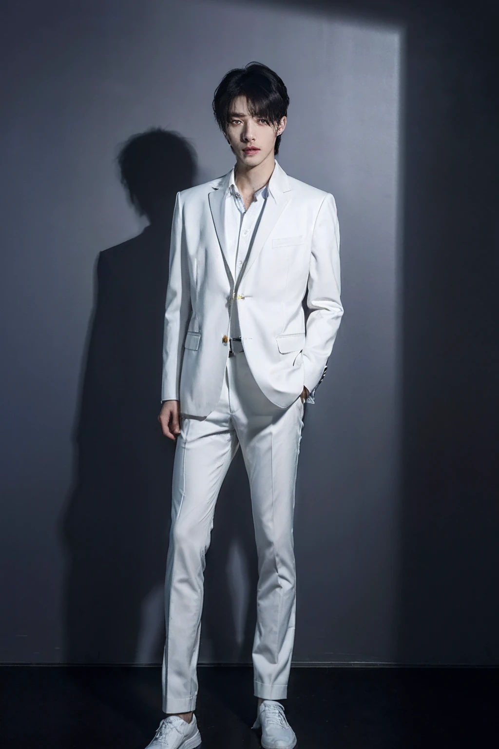 (masterpiece:1.2),(best_quality:1.4),(highres:1.1),(ultra-detailed:1.2),1 man, korean, good_shoulder,fashion_model, model_pose, (korean actor's hair style),model,(handsome) Clear eyes, Korean Model Hairstyle, black eyes, full body, school boy, white school uniform, blue school blazer, standing, in dark school, chaos class room