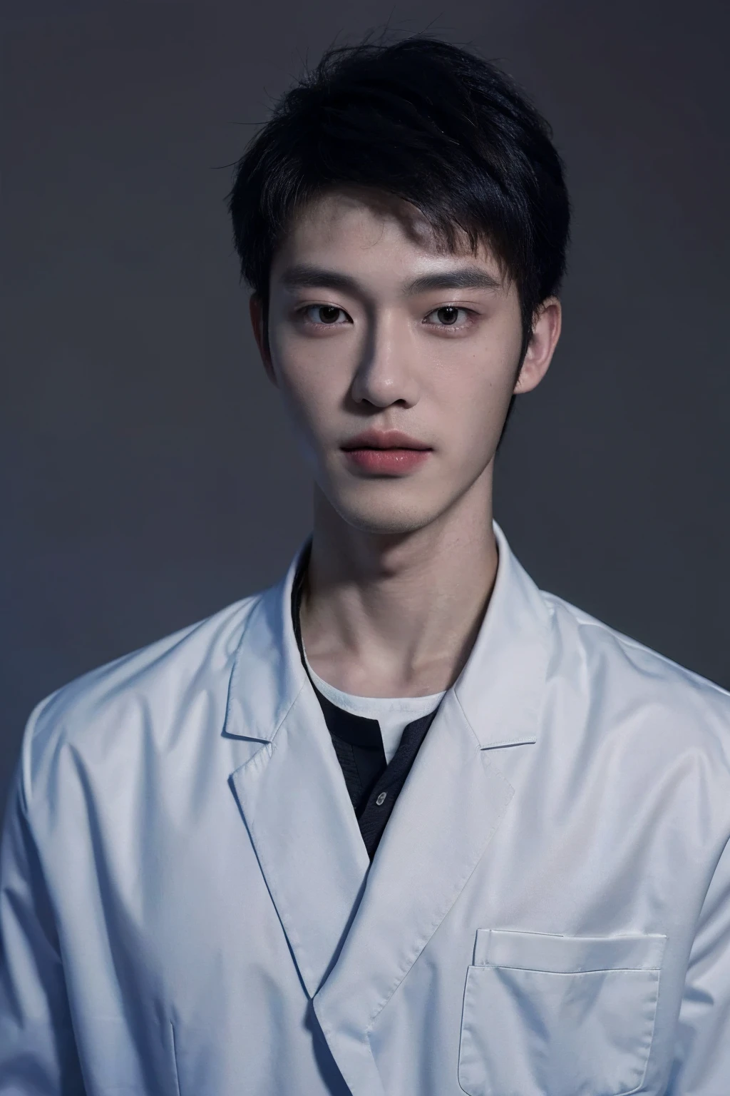 (masterpiece:1.2),(best_quality:1.4),(highres:1.1),(ultra-detailed:1.2),1 man, korean, good_shoulder,fashion_model, model_pose, (korean actor's hair style),model,(handsome) Clear eyes, Korean Model Hairstyle, black eyes, full body, school boy, white school uniform, blue school blazer, standing, in dark school, chaos class room