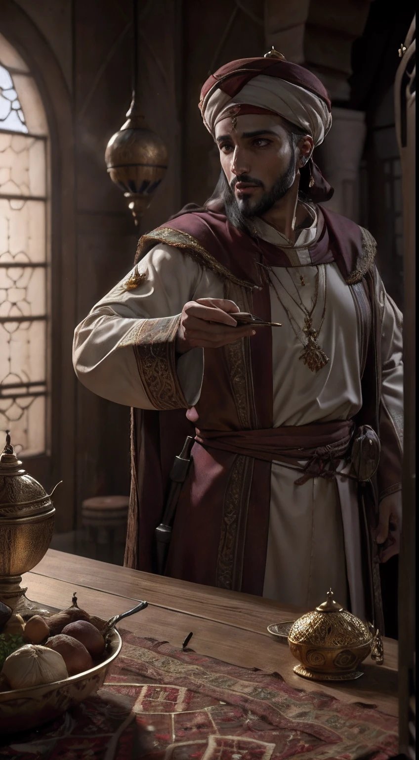 vieil homme marocain moroccan dress arabe, Medieval Arabic, palais, Or, lighting, bouteille et verre de boisson sur la table pleine de nourriture, Realstic, Detailed,