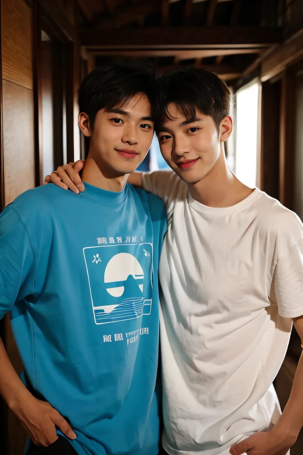 Two Japanese、Both are -yeld ma.、Well-developed muscles and smooth skin、very short black hair、Friendly and relaxed smile、Face to face, open-mouthed smiling、Colorful racy boxer shorts、The whole body is visible、