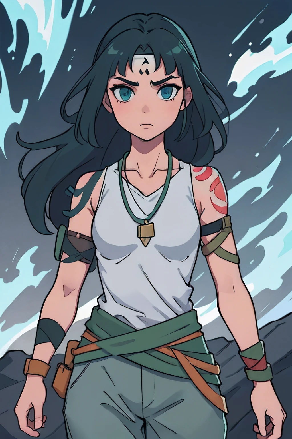 (1girl) (masterpiece) (high_quality) (fantasy) (detailed_hands) Shira: tall and fit physique, light skin tone. Hair: short grey with two bangs. Scars: multiple on face and body, one prominent vertical scar across the throat. Tattoo: blue dragon on right shoulder. Attire: long sleeveless dark green shirt tied with a light green sash, grey pants, black arm braces. Accessories: forehead protector attached to the bottom of shirt, bandages on right biceps, small amber magatama necklace. Special_instruction: focus on detailed and well-proportioned hands.