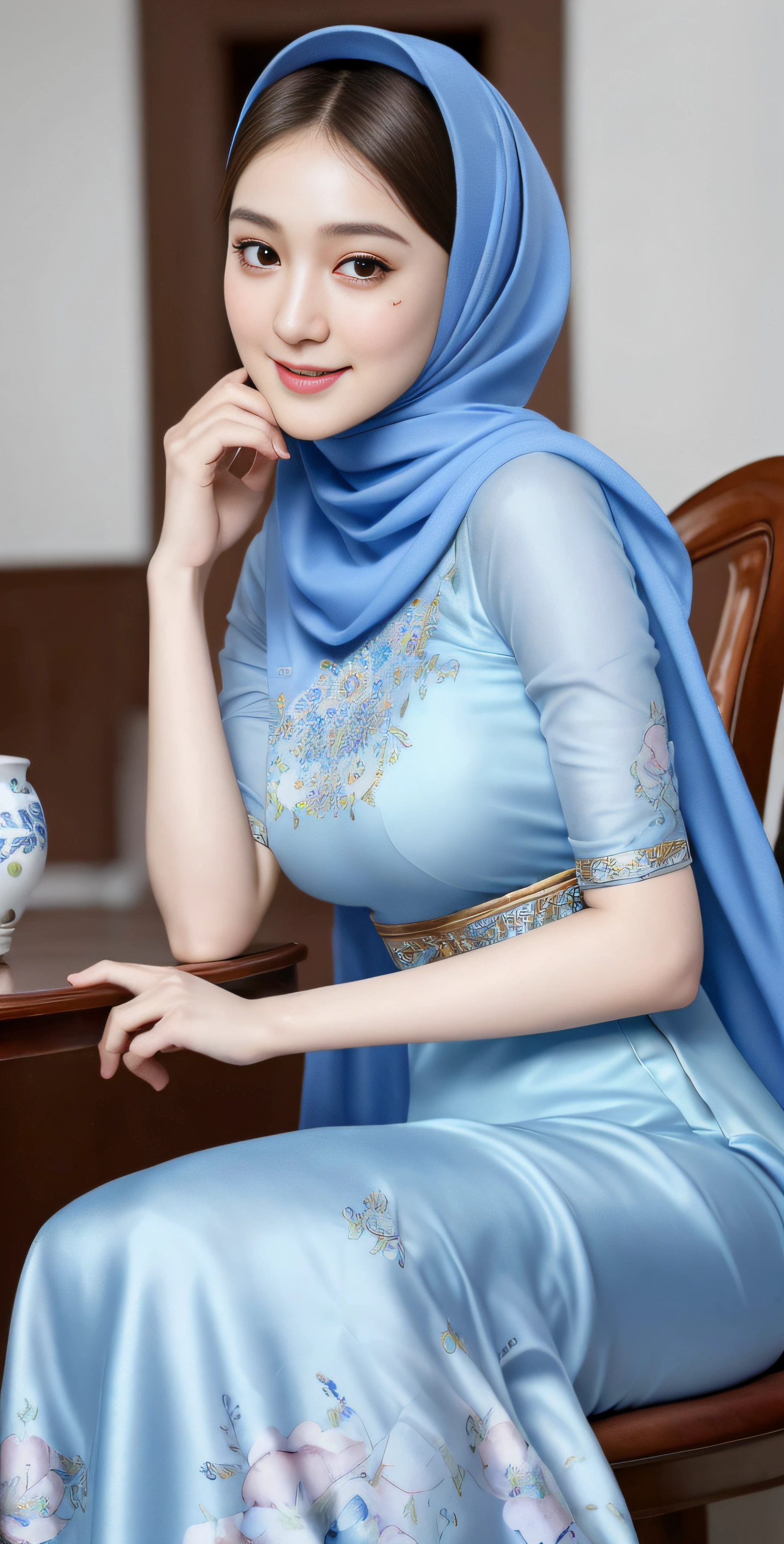 Luna Maya, slim faces, (RAW photo:1.2), (photorealistic:1.4),(masterpiece:1.3),(best quality:1.4),ultra high res,(detailed eyes),(detailed facial features),(detailed clothes features),HDR,8k resolution, skin tight, (((high detailed skin,visible pores))), dreamlike, (ulzzang-6500-v1.1:0.5),pureerosface_v1:0.2, face close-up, 1 girl, tall body, slim faces, body abs:1.2, , 30 years old, gigantic breast, wearing tight close blue pastel floral silk malay gamis with hijab, full body, beautiful shy smile, wearing high heels, sitting on chair