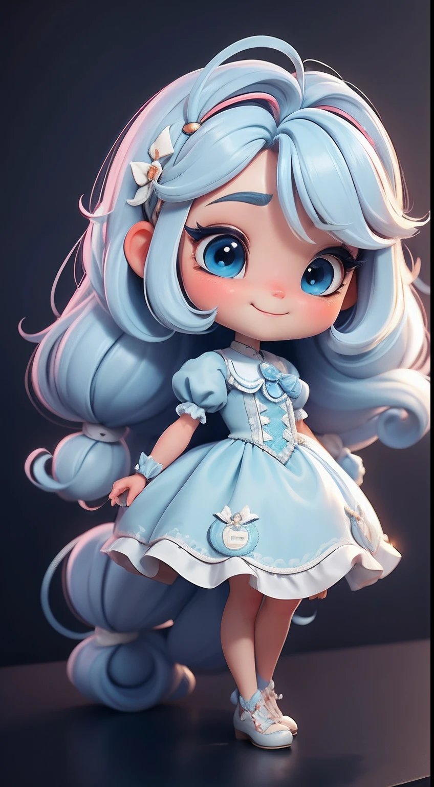 Create a loli chibi version of the Alice character in an 8K resolution.

Boneca Chibi Alice: She should look adorable and cute, Keeping the iconic elements of the original character. A Alice chibi deve ter um rosto redondo com olhos grandes e brilhantes, long eyelashes and rosy cheeks. Seus cabelos devem ser curtos e em tons vibrantes de loiro ou castanho claro.

Vestido encantador: Vista a Alice chibi com um vestido fofo e elegante em tons de azul ou branco. O vestido pode ter babados, lace and details that refer to the theme of Wonderland. Add loops or ribbons to add a touch of delicacy.

Avental e Arco: Acrescente um avental branco sobre o vestido da Alice chibi, tied at the waist with a delicate bow. O avental pode ter pequenos detalhes como bolsos ou bordados sutis.

Meias e Sapatos Fofos: Complete o visual da Alice chibi com meias listradas em azul e branco ou com detalhes divertidos. On the feet, coloque sapatos fofos de boneca, com amarras ou fivelas.

magical accessories: Add lovely accessories to Alice chibi, like a bow in the hair or a tiara with Wonderland-themed details. You can also include a pocket watch or a cup of tea in your hands.

Certifique-se de adicionar sombras, texturas e detalhes nos cabelos, Alice chibi's clothes and accessories to make her even more adorable and charming. Give him a curious expression and a sweet smile on his face, capturing the essence of the character in a delicate and charming way.