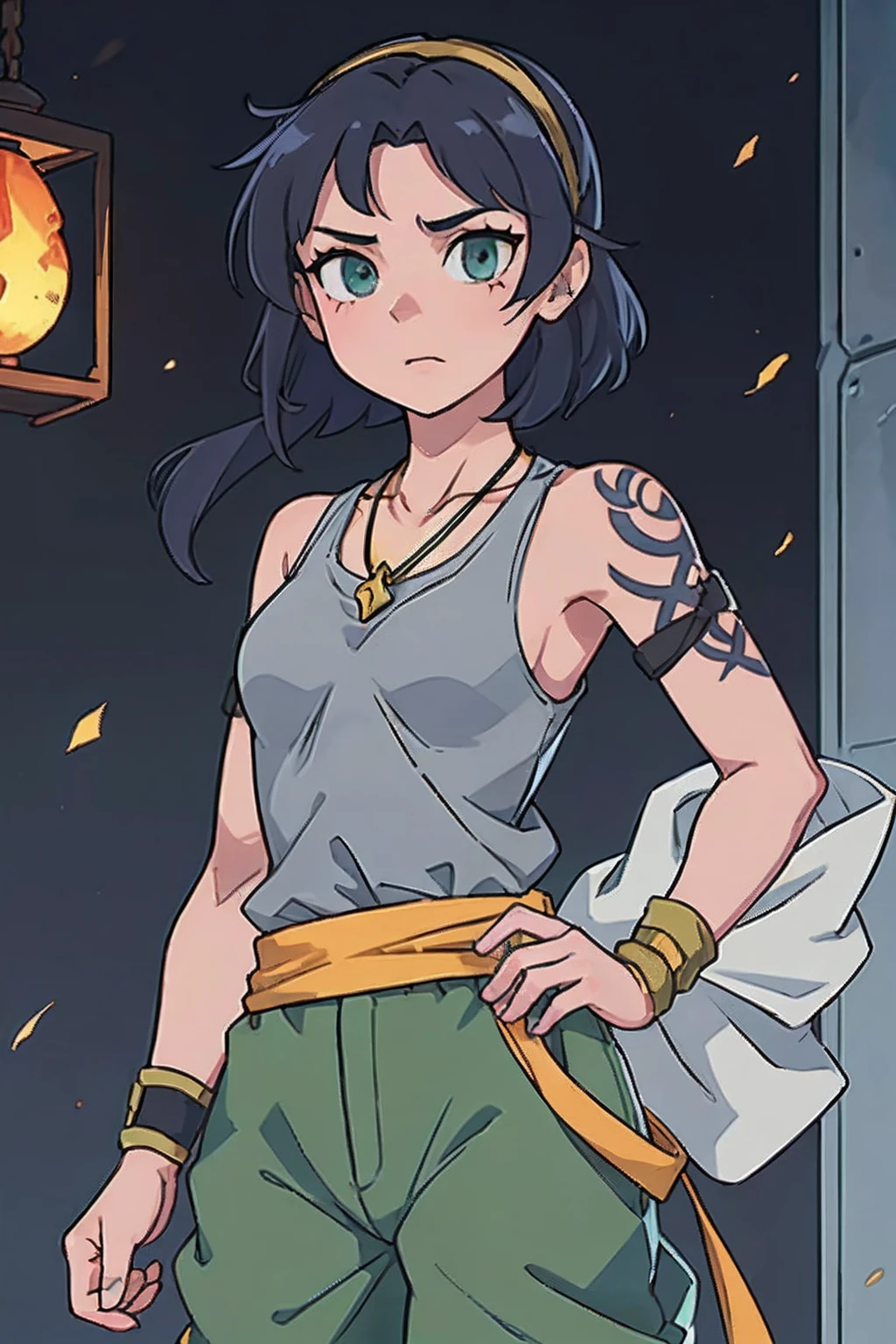 (1girl) (masterpiece) (high_quality) (fantasy) (detailed_hands) Shira: tall and fit physique, light skin tone. Hair: short grey with two bangs. Scars: multiple on face and body, one prominent vertical scar across the throat. Tattoo: blue dragon on right shoulder. Attire: long sleeveless dark green shirt tied with a light green sash, grey pants, black arm braces. Accessories: forehead protector attached to the bottom of shirt, bandages on right biceps, small amber magatama necklace. Special_instruction: focus on detailed and well-proportioned hands.