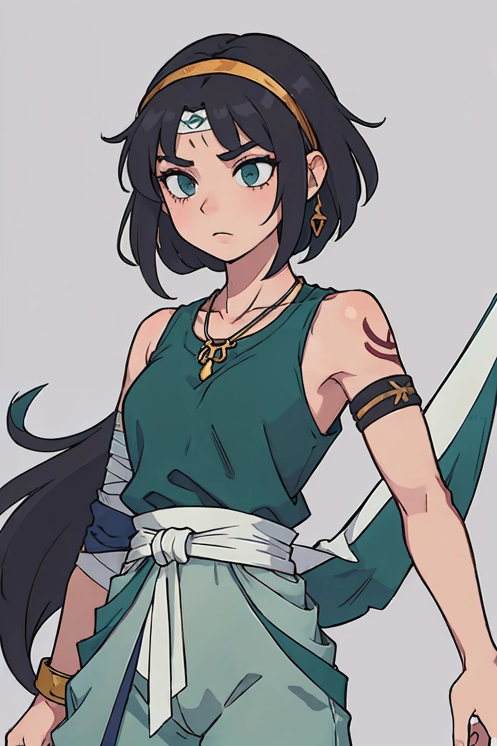 (1girl) (masterpiece) (high_quality) (fantasy) (detailed_hands) Shira: tall and fit physique, light skin tone. Hair: short grey with two bangs. Scars: multiple on face and body, one prominent vertical scar across the throat. Tattoo: blue dragon on right shoulder. Attire: long sleeveless dark green shirt tied with a light green sash, grey pants, black arm braces. Accessories: forehead protector attached to the bottom of shirt, bandages on right biceps, small amber magatama necklace. Special_instruction: focus on detailed and well-proportioned hands.