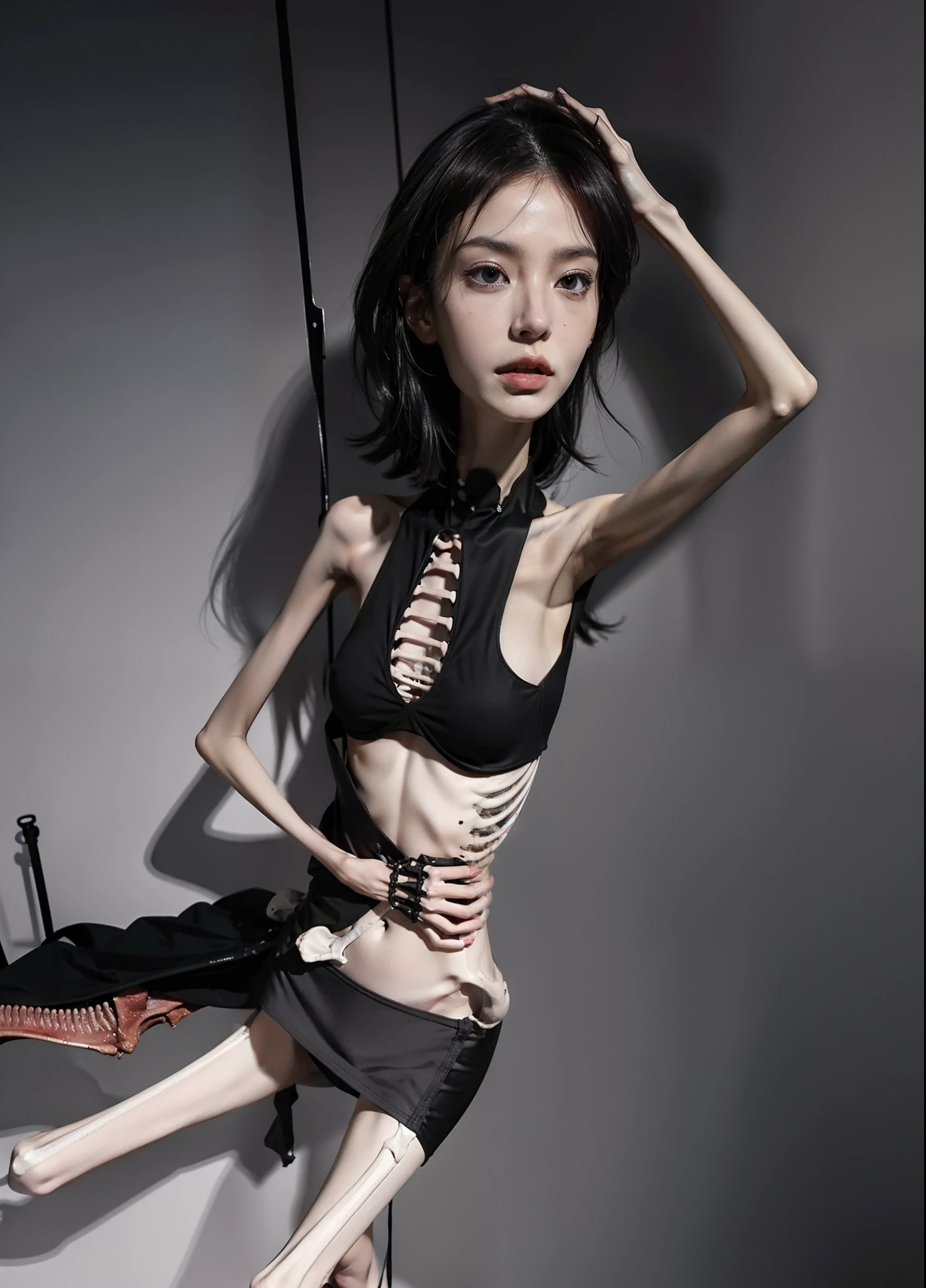 Skinny，emaciated，the ribs，innominate bone，pelvic bone，skeleton，hunger，femele，big breasts thin waist，Thin leg，Malnutrition