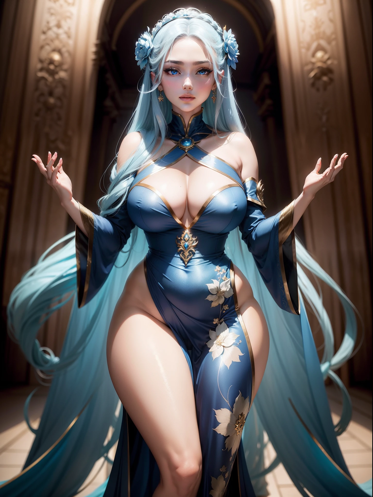"An exquisite fusion of elegance and allure, this anime character embodies the enchanting blend of curvaceous grace and slender beauty. Imagine a tall woman with lustrous, long light blue hair cascading down her back, framing a face with captivating blue eyes that hold a world of mystery. She stands as a symbol of both privilege and talent, her aura radiating confidence and a touch of dogmatic perfection. Picture her as the embodiment of grace and influence, a vision that leaves an indelible mark."