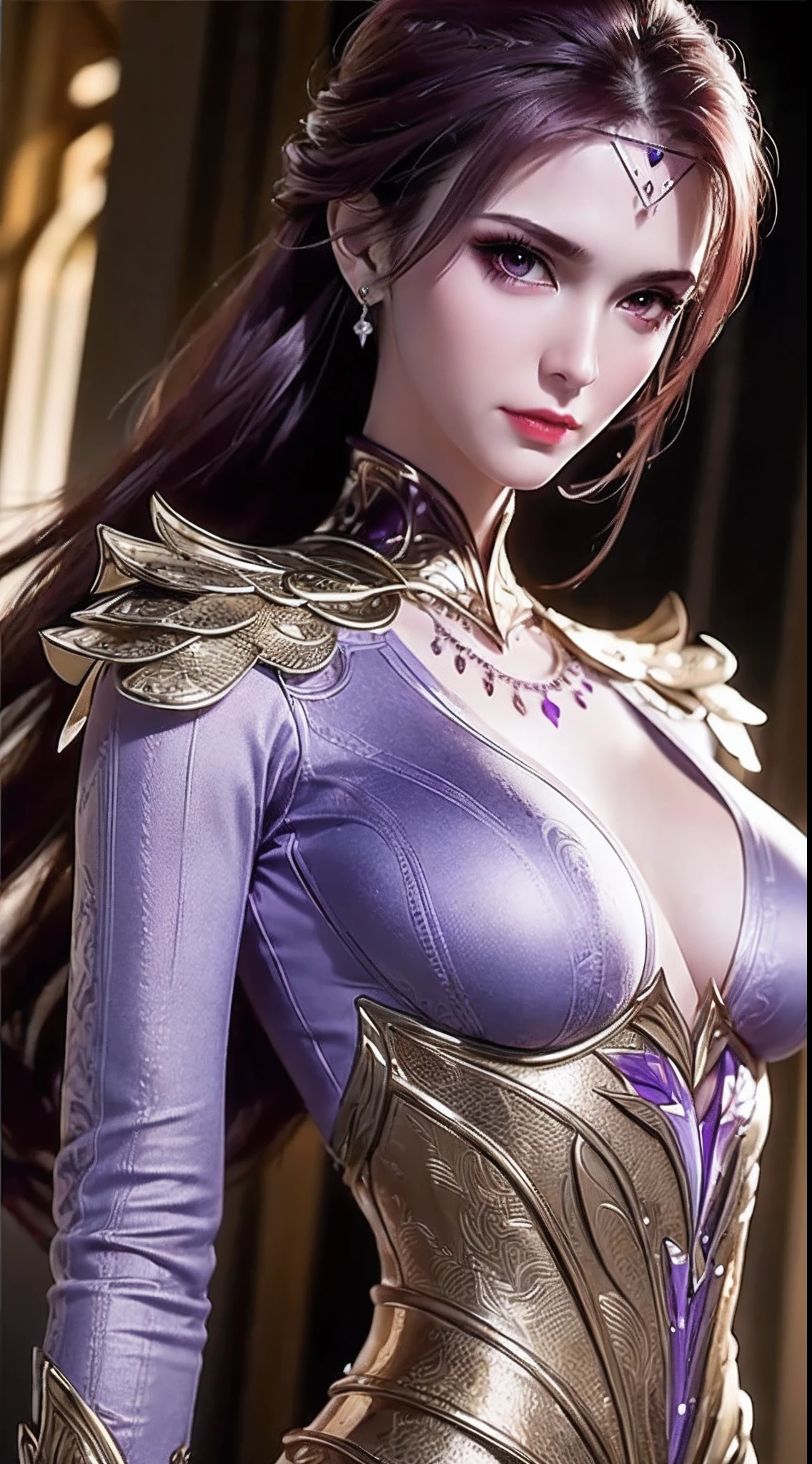 1 sexy goddess wearing sexy purple armor, armor with many intricate and sophisticated patterns, thin armor, deep slit shirt, long and silky purple hair, The most beautiful and detailed hair jewelry, beautiful little face thin eyebrows, the most beautiful and spotless face, ((black iris:0.8)), the very beautiful eyes, big round eyes, ((dark purple color eyes:1.1)), fine and detailed makeup eyelashes, high nose, wearing earrings, small red lips, rosy face, clean face, beautiful face without blemish, smooth white skin, ((big breasts: 0.9)), Blums boobs, ((big and super round breasts:0.9)), ((super tight breasts:1.2)), ((breast augmentation: 0.8)), beautiful breasts, slim and petite body, ((thin waist: 0.9)), upper body of a beautiful girl, Hot and sexy petite body, sexy girl, 8k photo, super high quality, super realistic, 10x super pixels, photo realistic, dark studio, border light, two tone light, (detailed skin high: 1.2), 8k uhd, dslr, soft light, high quality, volumetric light, candid, Photo, high resolution, light, best photo, 4k quality, 8k, Bokeh, Smooth and sharp, pixel up 10 times, (background space: 1.8), (galaxy: 1.7), aurora, lightning, super graphics, the most realistic graphics,(Aurora Background: 1.8), alone, solo, portrait 9:16, Extremely sharp, super realistic images,