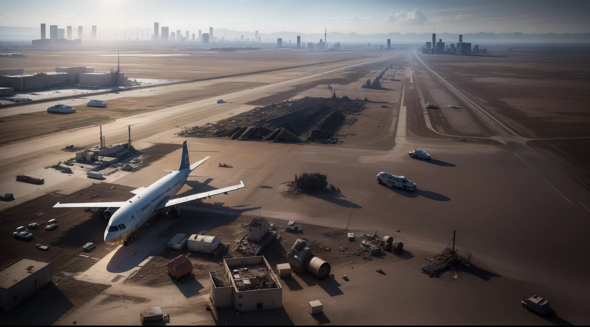 50 meters from an aerial view，Latter-day world ，Fallen signal towers，Sunshine at 6 p.m，Contre-Jour ，Broken terminal，The wreckage of the plane is on the runway of the airport，There is no complete plane，The right side of the picture of the broken tower，On the horizon are tall buildings in the distance，complexdetails，Virtual Engine，Movie lighting，8k，High-definition large image