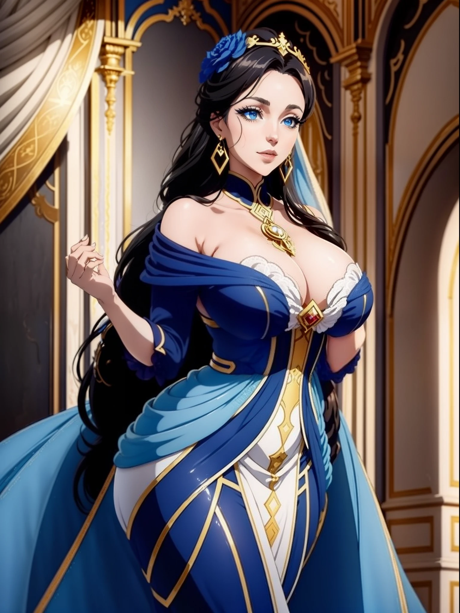 An exquisite fusion of elegance and allure, This character embodies the enchanting blend of curved grace and slender beauty.. Imaginez une grande femme avec un corps de gros seins et un gros cul, de longs cheveux bleu clair en cascade le long de son dos, Framing a face with captivating blue eyes that hold a world of mystery. It is a symbol of privilege and talent, Son aura rayonnante de confiance et une touche de perfection dogmatique. Consider her the embodiment of grace and influence, A vision that leaves an indelible mark