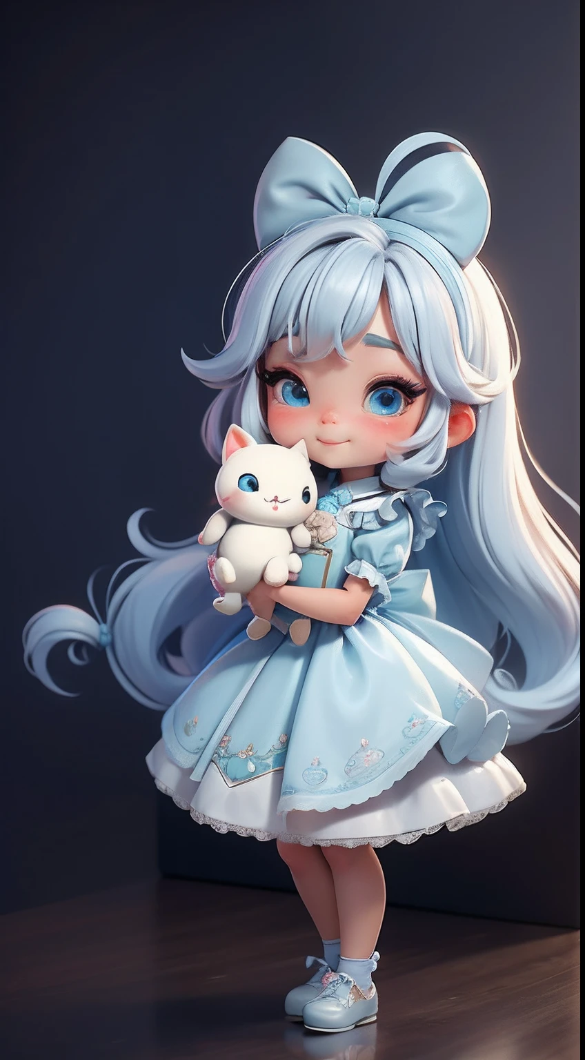 Create a chibi version of the Alice character in an 8K resolution.
Boneca Chibi Alice: She should look adorable and cute, Keeping the iconic elements of the original character. A Alice chibi deve ter um rosto redondo com olhos grandes e brilhantes, long eyelashes and rosy cheeks. Seus cabelos devem ser curtos e em tons vibrantes de loiro ou castanho claro.
Vestido encantador: Vista a Alice chibi com um vestido fofo e elegante em tons de azul ou branco. O vestido pode ter babados, lace and details that refer to the theme of Wonderland. Add loops or ribbons to add a touch of delicacy.
Avental e Arco: Acrescente um avental branco sobre o vestido da Alice chibi, tied at the waist with a delicate bow. O avental pode ter pequenos detalhes como bolsos ou bordados sutis.
Meias e Sapatos Fofos: Complete o visual da Alice chibi com meias listradas em azul e branco ou com detalhes divertidos. On the feet, coloque sapatos fofos de boneca, com amarras ou fivelas.
magical accessories: Add lovely accessories to Alice chibi, like a bow in the hair or a tiara with Wonderland-themed details. You can also include a pocket watch or a cup of tea in your hands.
Certifique-se de adicionar sombras, texturas e detalhes nos cabelos, Alice chibi's clothes and accessories to make her even more adorable and charming. Give him a curious expression and a sweet smile on his face, capturing the essence of the character in a delicate and charming way.