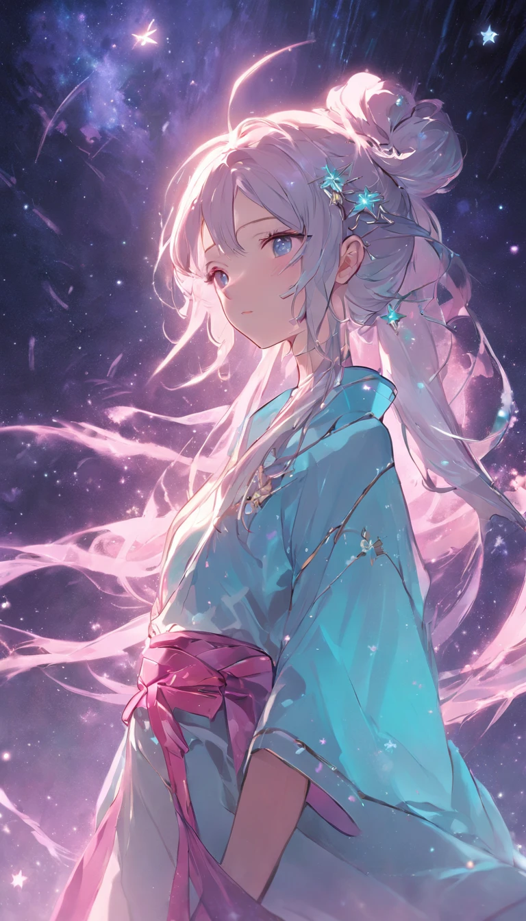 (best qualtiy，tmasterpiece), Beautiful teenage girl, beautiful goddess, ((period costume, Hanfu, One shoulder)), Beautiful Hair Accessories, the night, starrysky, cold light, (in pink, cyan colors, white colors), ((From below)), ((Full body)), ((Realistic))