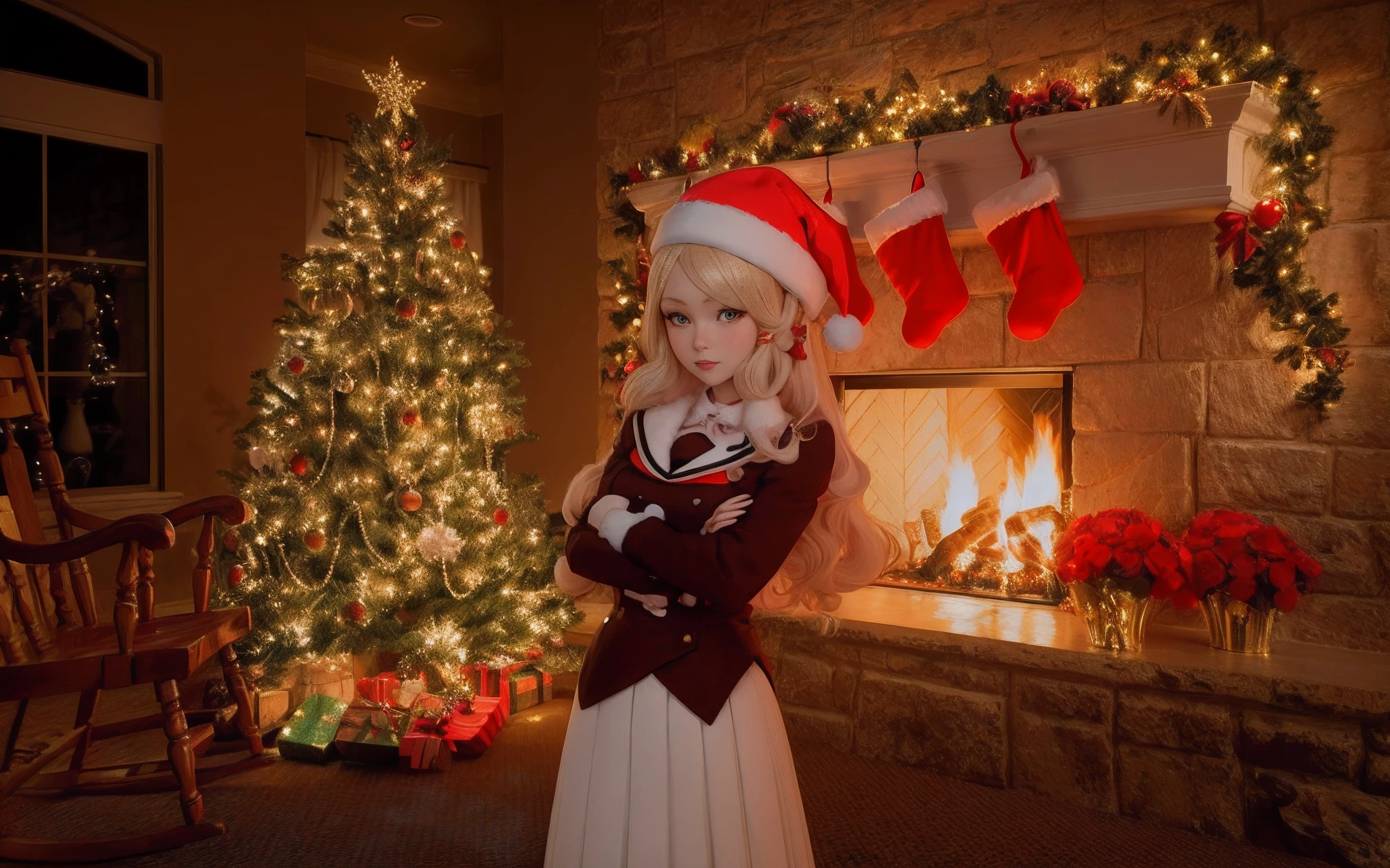 A woman in a Santa Claus dress and hat stands in front of the fireplace, anime barbie in white stockings, christmas night, in front of the fireplace, made with anime painter studio, Ann Takamaki from Persona 5, Happy!!!, anime styled 3d, the anime. soft-lighting, wallpapers!, painted in anime painter studio, realistic anime 3 d style