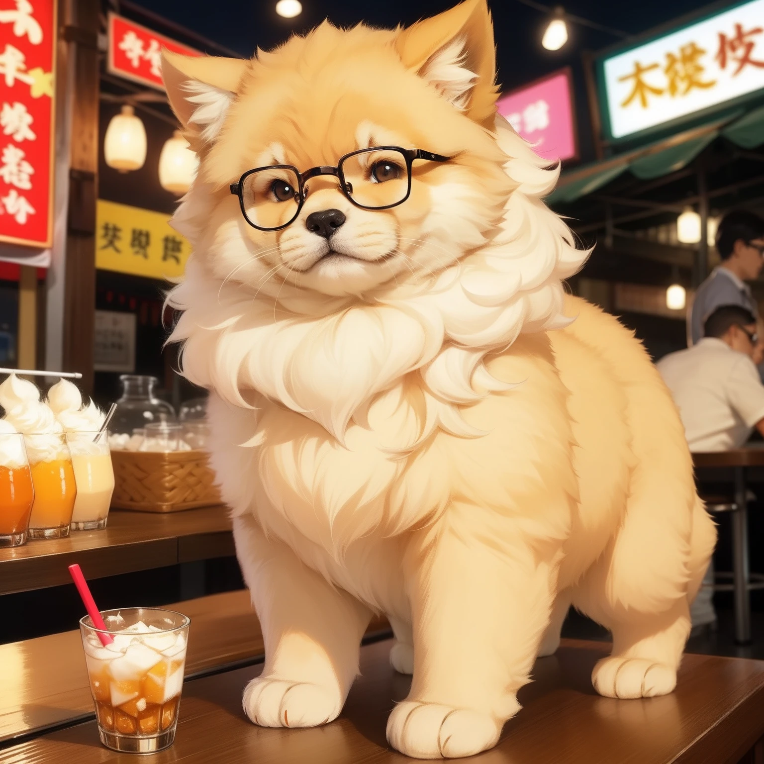 Cute cream Chow Chow,Have a drink at the night market with Uncle Glasses