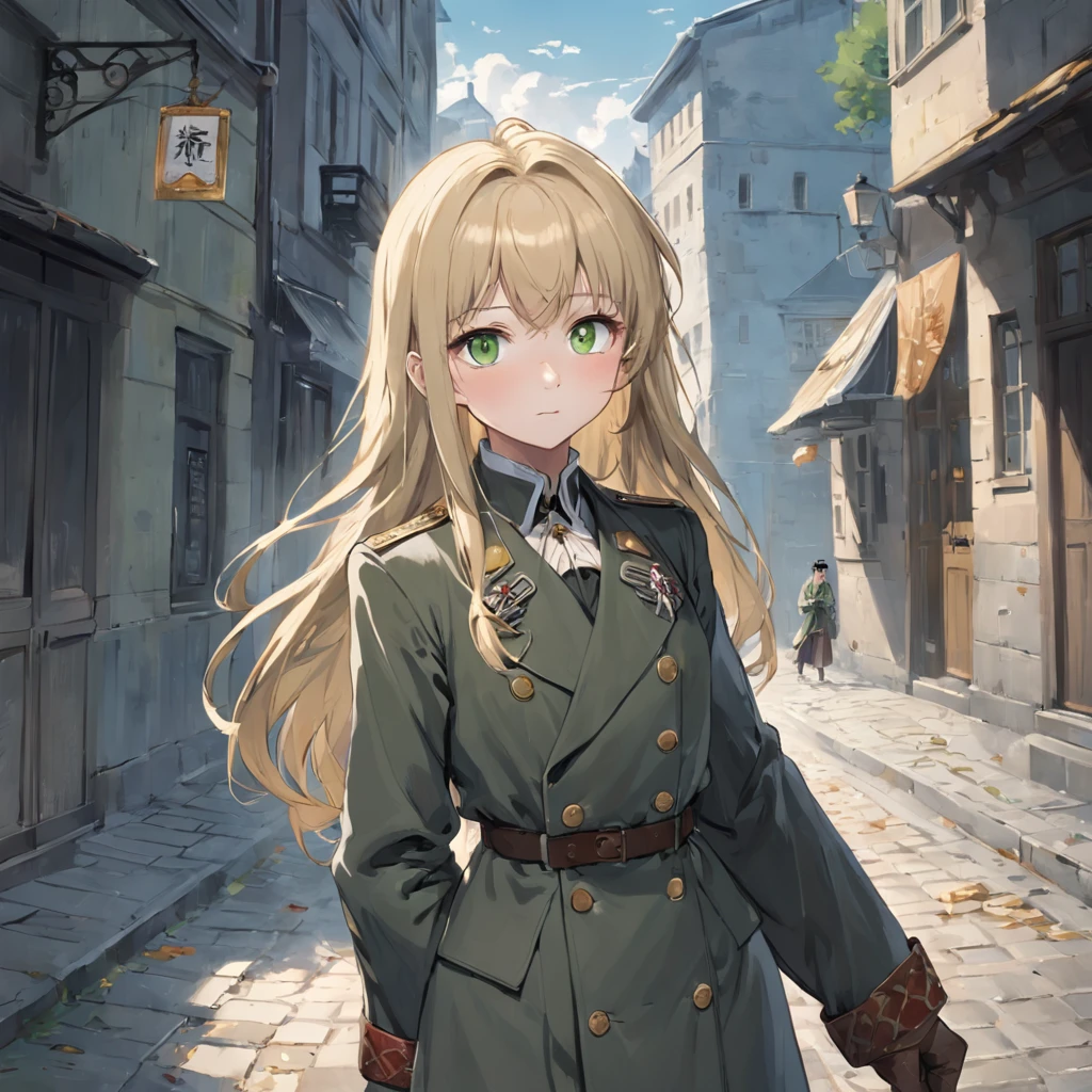 Lonely  girl, Tall stature, little chest, closed mouth, Slavic appearance: Green eyes; blond hair; sharp facial features; dimple on the chin; Straight nose; high nose; pronounced high cheekbones; high forehead, stands upright, military uniform: gray double-breasted overcoat; gray pants, Full-length painting, black leather gloves, in the middle of the street, Background: A street with a stone paved road with European stone houses from the first half of the 20th century, High quality shadows, High quality of light, High quality clothing, Masterpiece picture quality, max detail, Masterpiece quality.