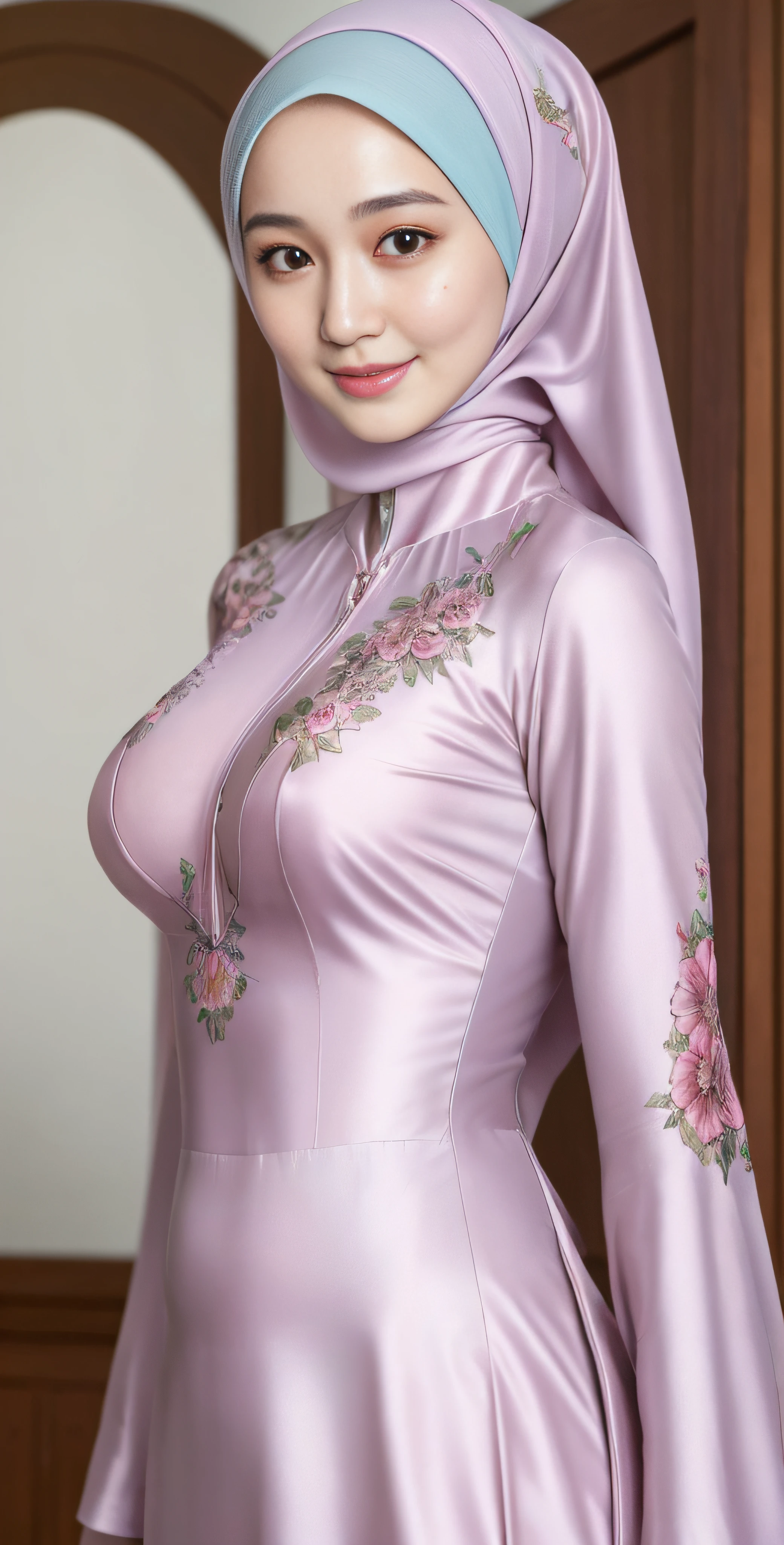 (Best quality, high resolution, masterpiece: 1.3), a beautiful malay woman in hijab, big breasts, slim figure, sweatshirt, beautifully presented details in the bed and facial and skin texture, detailed eyes, double eyelids, big eyeschest visible, shirt openfeatures), HDR, 8k resolution, nice fingers, firm skin, (((high detail skin, visible pores))), 1 female, tall body, sitting on the bed, 30 years old, big breasts: 1.4, wearing Floral Silk Tight Malay Gamis Pastel Close Up Tight Hijab, Full Body, exotise pose, Beautiful Shy Smile