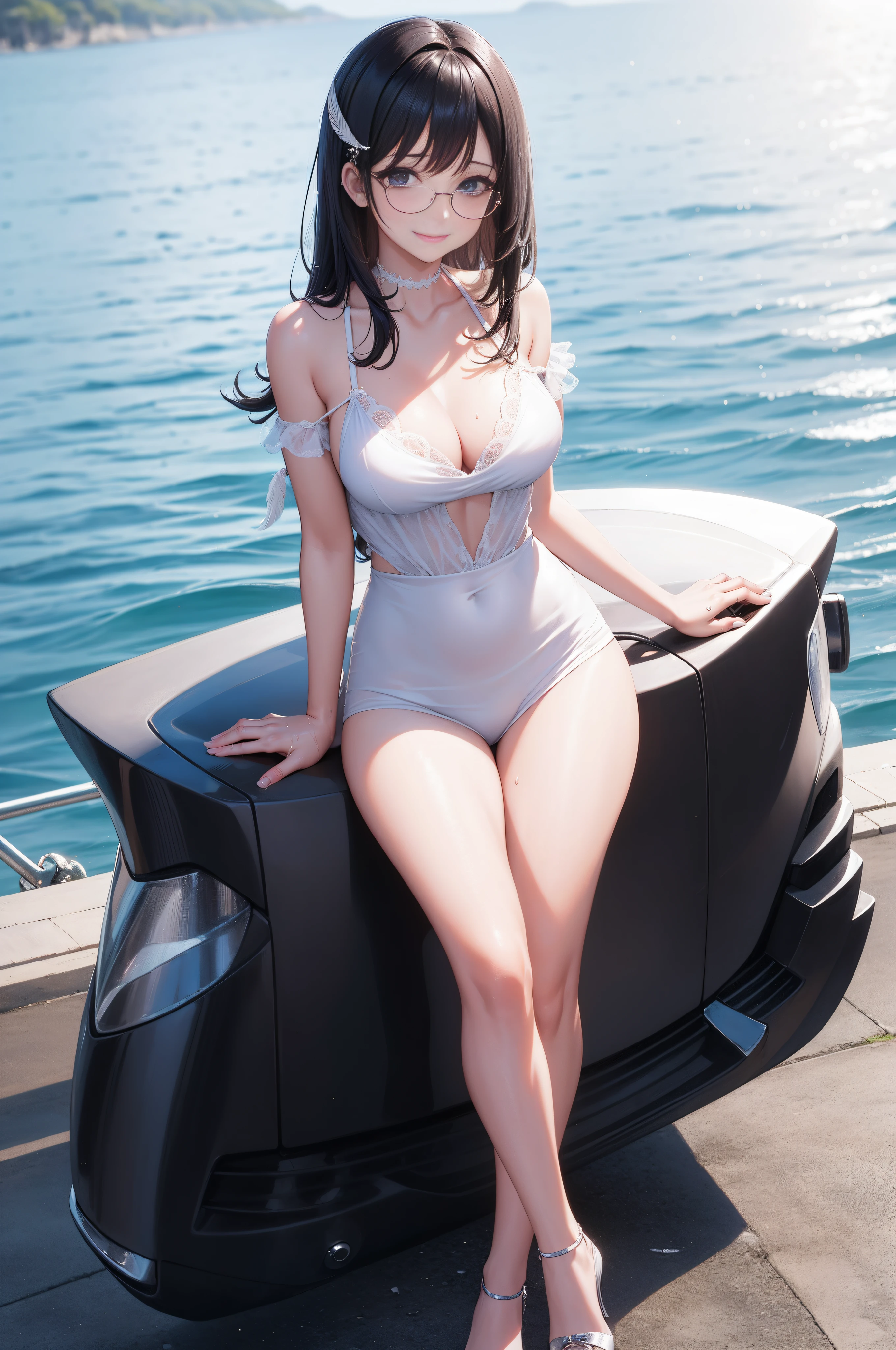 girl, wet hair, hair strand, bangs pinned back, feather hair ornament, heart hair ornament, smirk, crazy eyes, medium breasts, semi-rimless eyewear, bound legs, high heels,