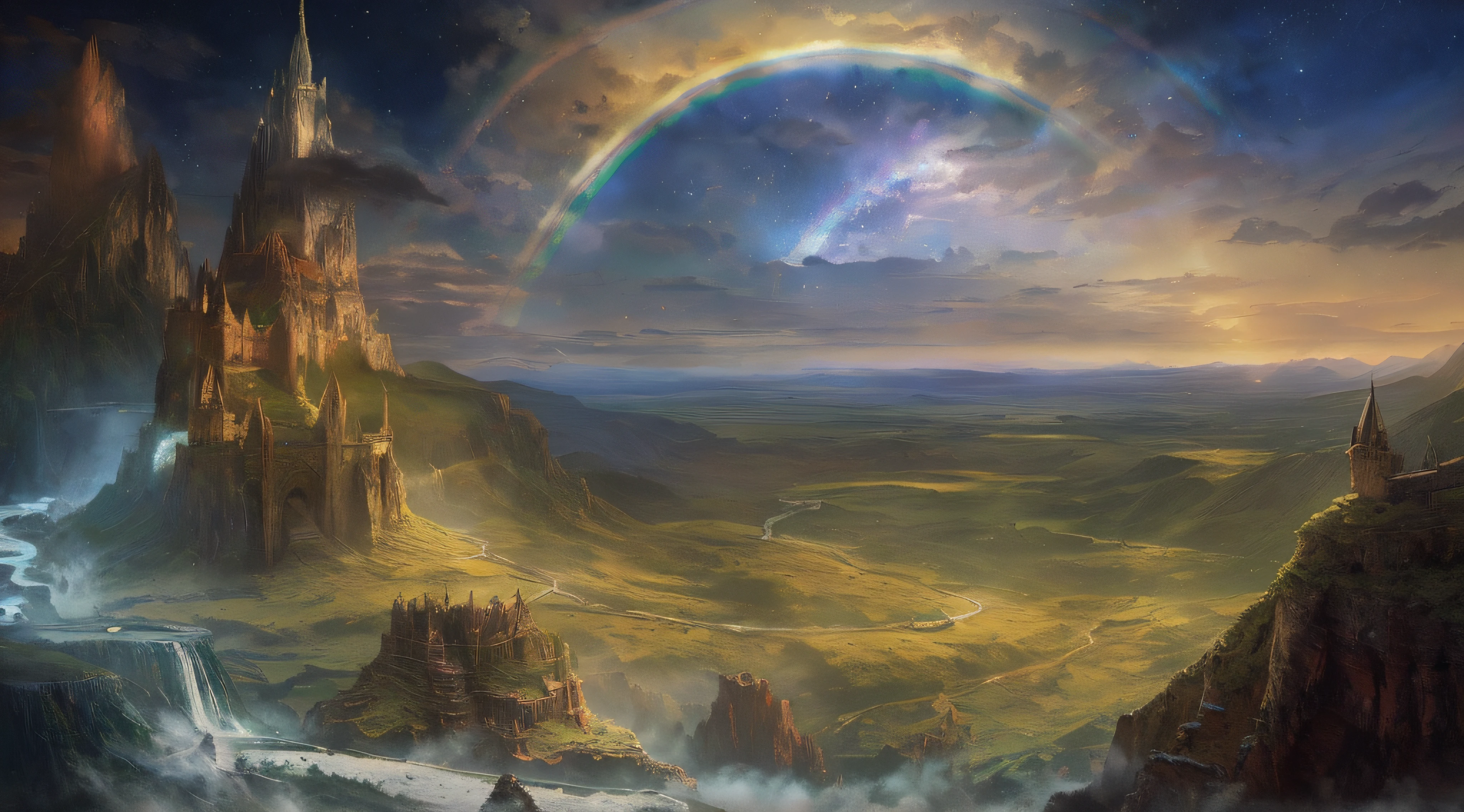 painting of a rainbow over a mountain with a waterfall and a castle, alien breathtaking landscape, sci-fi fantasy wallpaper, beautiful alien landscape, fantasy art landscape, sci-fi fantasy desktop wallpaper, dream landscape, surreal alien kingdom, landscape of an alien world, wide angle fantasy art, fantasy landscape, painting of a dreamscape, high fantasy landscape, stunning alien landscape
