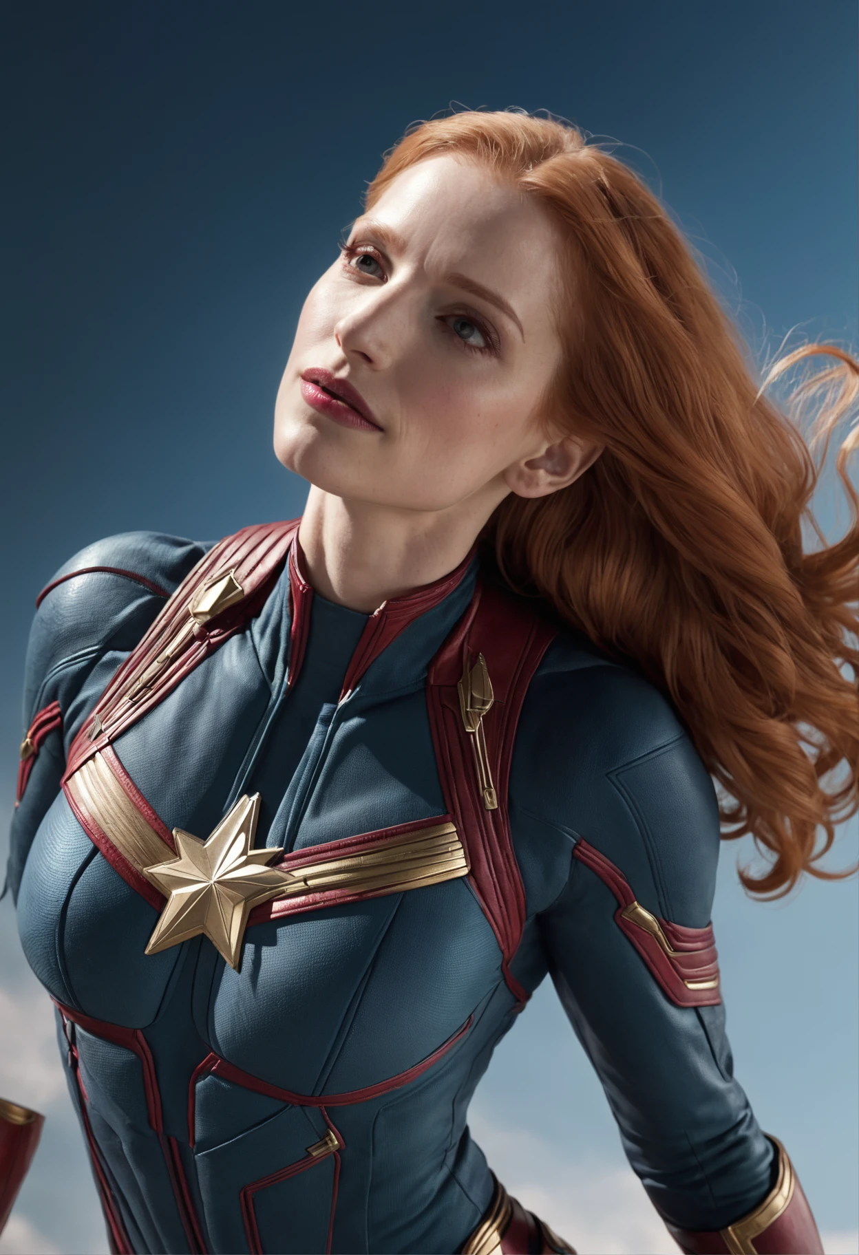 (Jessica Chastain as Captain Marvel:1.5) flying in space(1girl), showcasing her full body pose, with astonishing photo-realistic details.